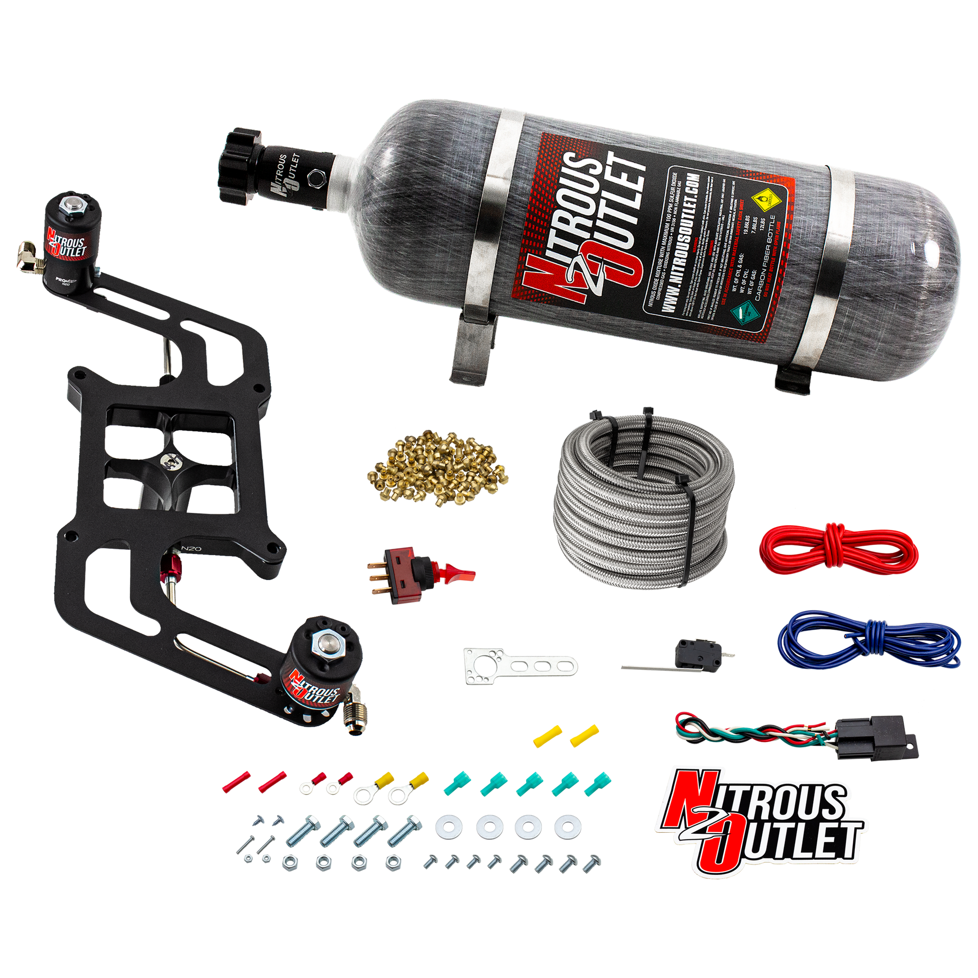 Nitrous Outlet 4150 Stinger 3 System - Hard-line/.122 Nitrous Solenoid/.177 Fuel Solenoid/Boomerang Solenoid Bracket - (Gas/E85)(5-55 psi)(50-500 HP)(12lb Bottle)