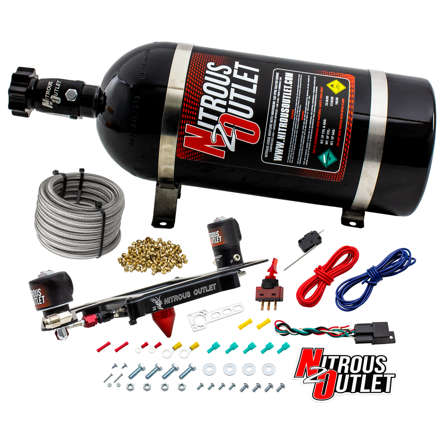 Nitrous Outlet 4150 Stinger 4 System - Hard-line/.122 Nitrous Solenoid/.177 Fuel Solenoid/Boomerang Solenoid Bracket - (Gas/E85)(5-55 psi)(50-500 HP)(10lb Bottle)