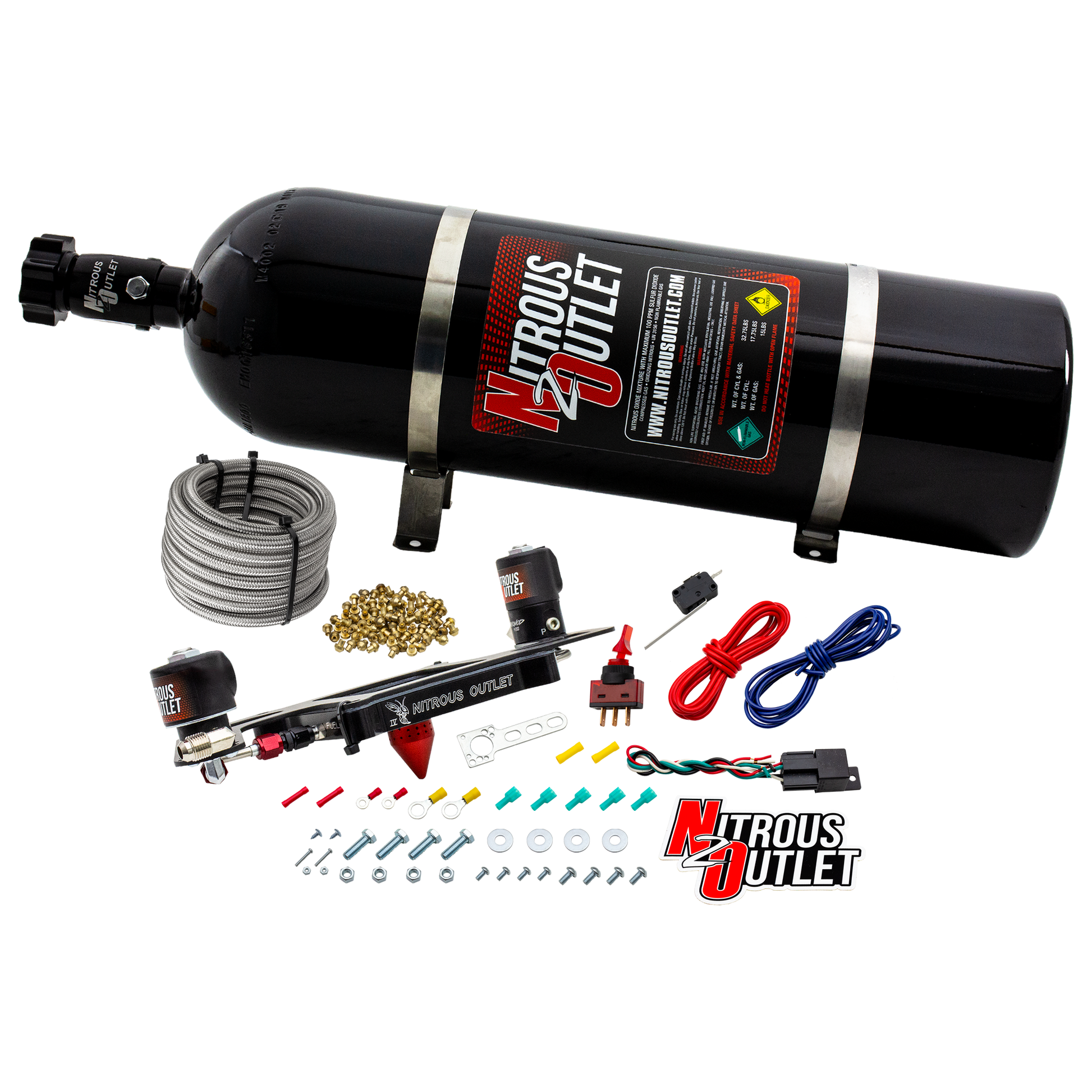 Nitrous Outlet 4150 Stinger 4 System - Hard-line/.122 Nitrous Solenoid/.177 Fuel Solenoid/Boomerang Solenoid Bracket - (Gas/E85)(5-55 psi)(50-500 HP)(15lb Bottle)