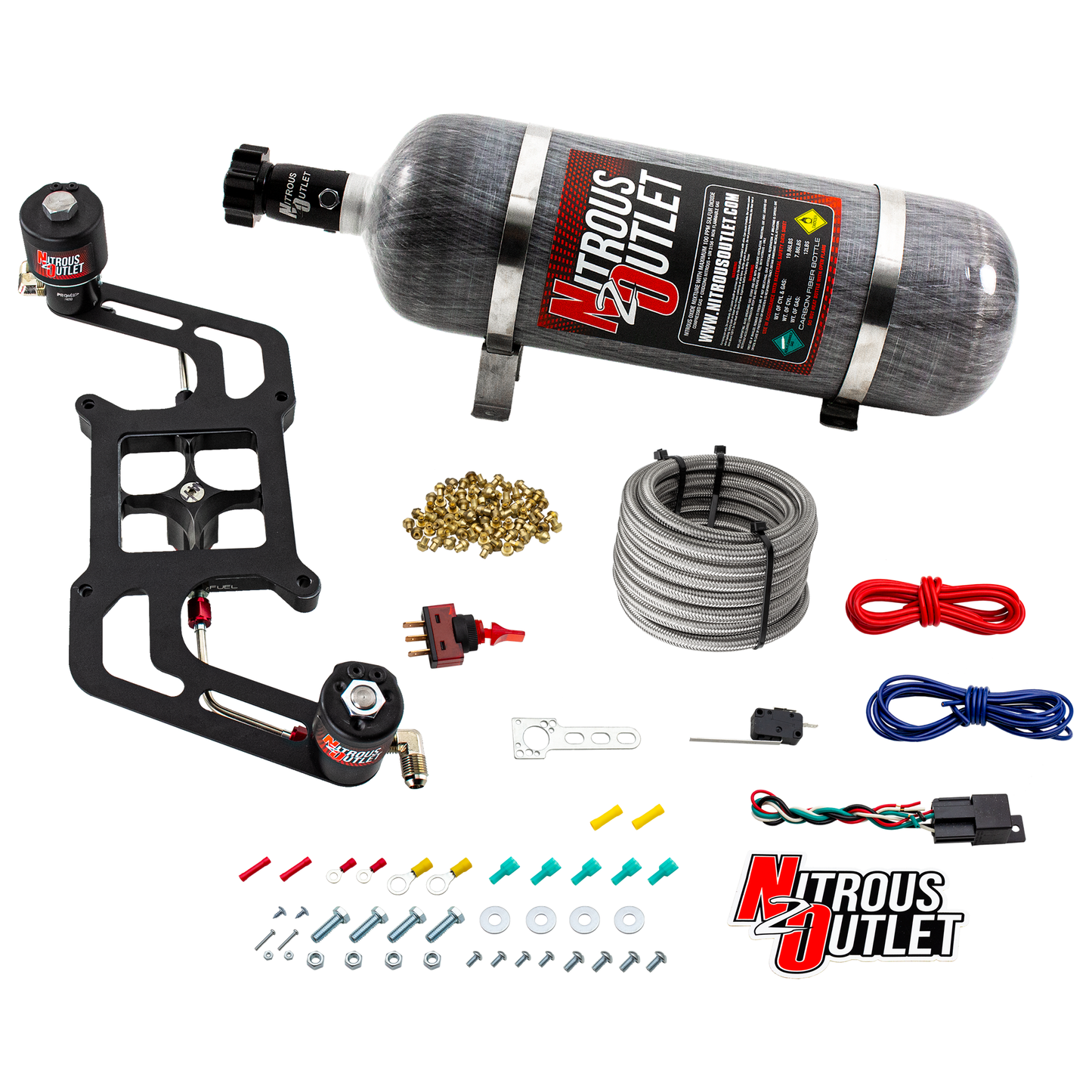 Nitrous Outlet 4150 Stinger 3 Race System - Hard-line/.178 Trashcan Nitrous Solenoid/.310 Fuel Solenoid/Boomerang Solenoid Bracket - (Gas/E85)(5-55 psi)(50-600 HP)(12lb Bottle)