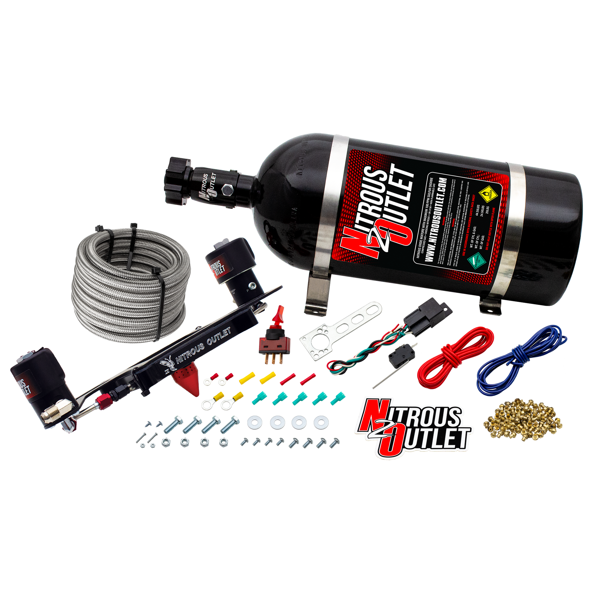 Nitrous Outlet 4150 Stinger 4 Race System - Hard-line/.178 Trashcan Nitrous Solenoid/.310 Fuel Solenoid/Boomerang Solenoid Bracket - (Gas/E85)(5-55 psi)(50-600 HP)(10lb Bottle)