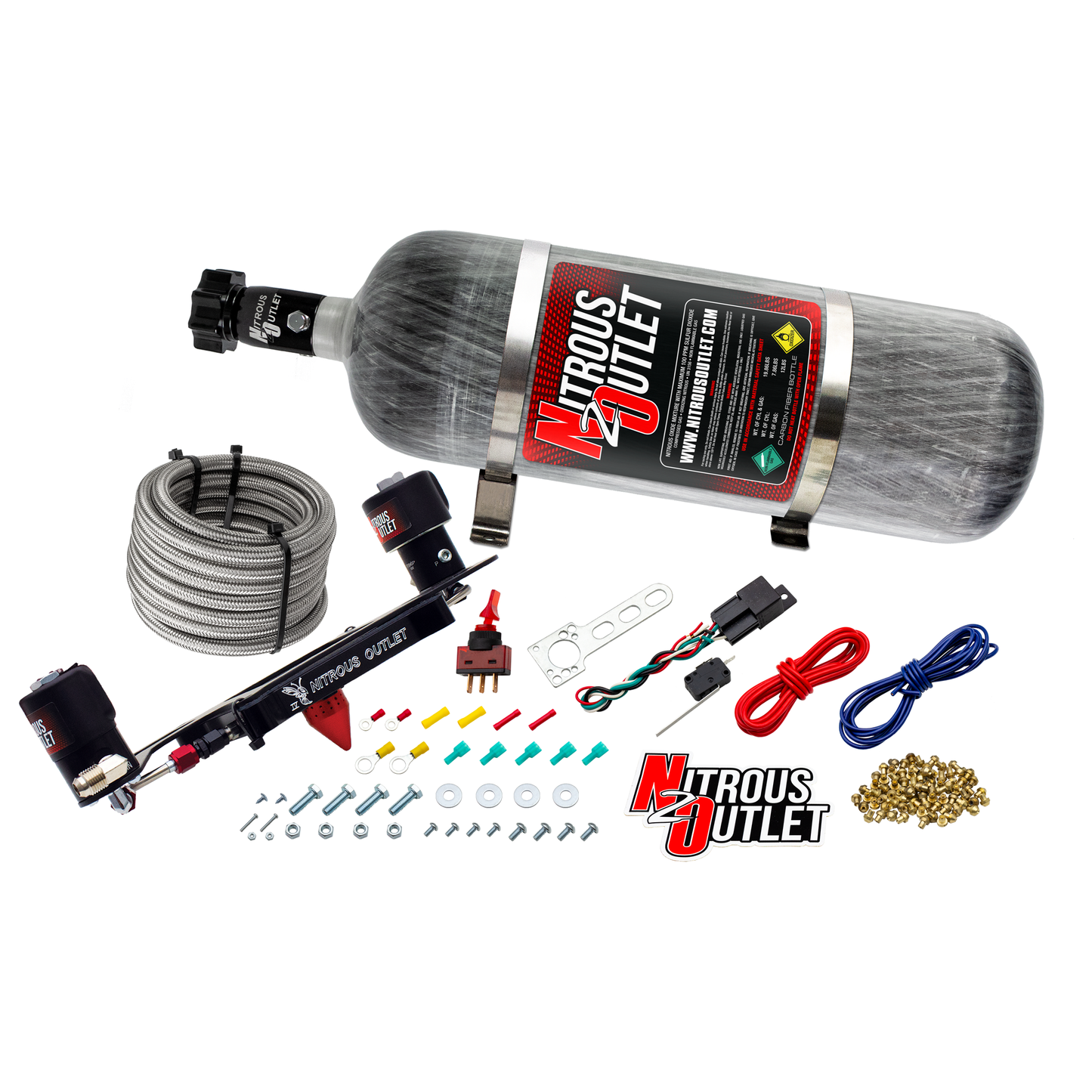Nitrous Outlet 4150 Stinger 4 Race System - Hard-line/.178 Trashcan Nitrous Solenoid/.310 Fuel Solenoid/Boomerang Solenoid Bracket - (Gas/E85)(5-55 psi)(50-600 HP)(12lb Bottle)