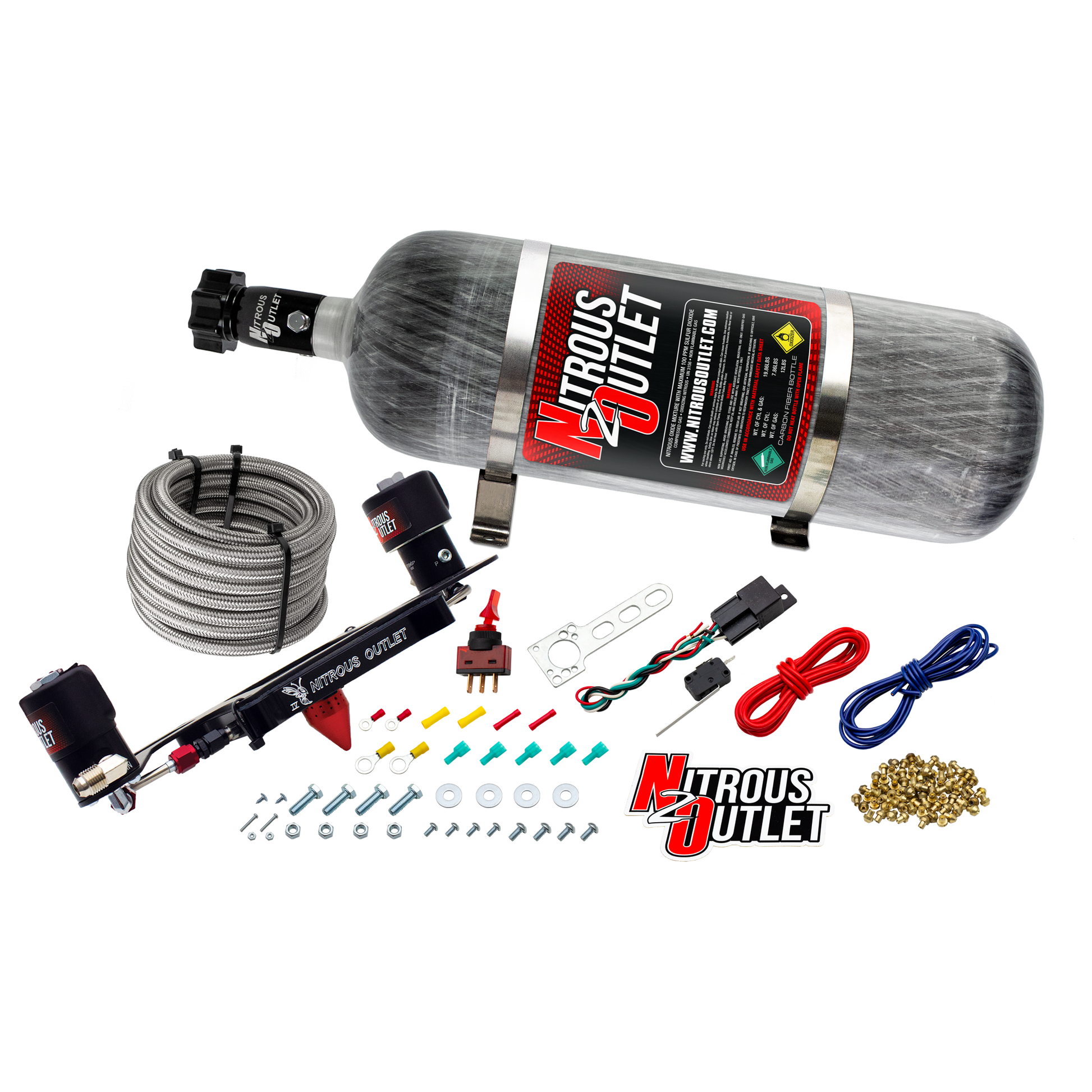 Nitrous Outlet 4150 Stinger 4 Race System - Hard-line/.178 Trashcan Nitrous Solenoid/.310 Fuel Solenoid/Boomerang Solenoid Bracket - (Gas/E85)(5-55 psi)(50-600 HP)(12lb Bottle)