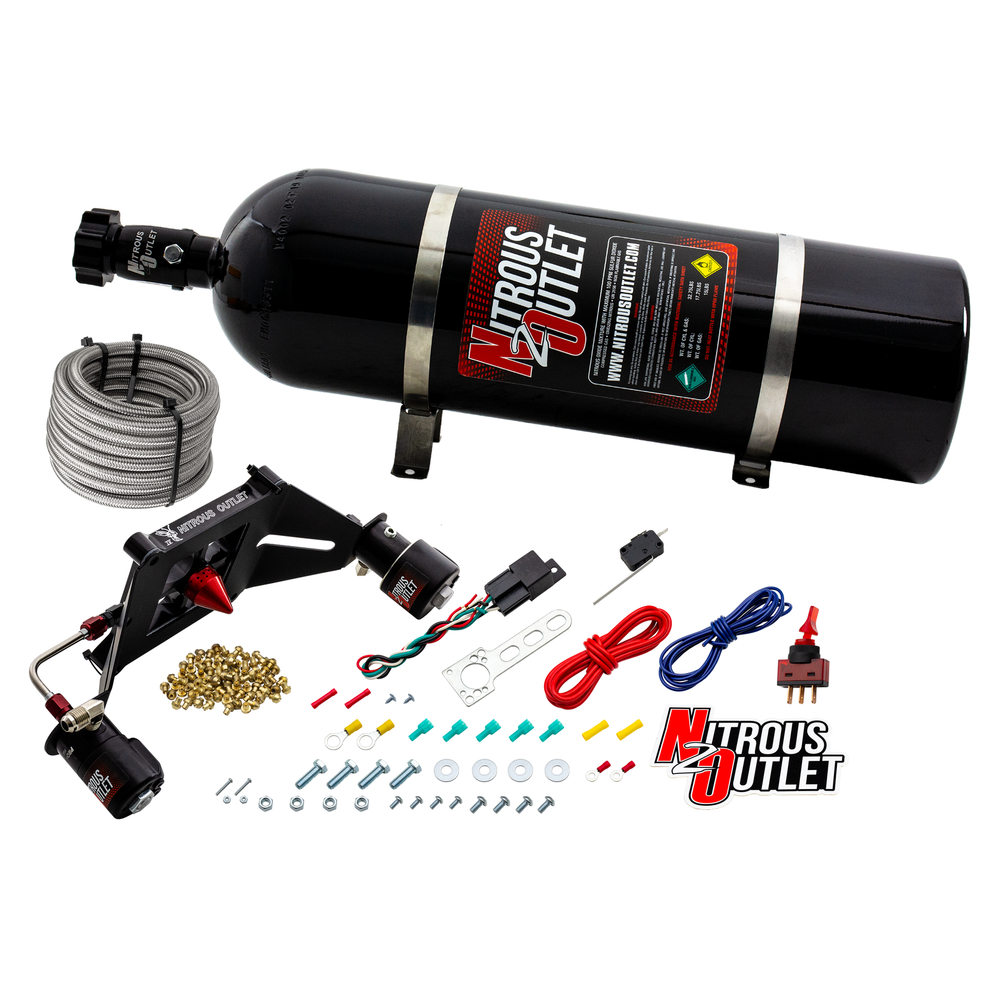 Nitrous Outlet 4150 Stinger 4 Race System - Hard-line/.178 Trashcan Nitrous Solenoid/.310 Fuel Solenoid/Deep Break Solenoid Bracket/Solenoids Mount Upside Down - (Gas/E85)(5-55 psi)(50-600 HP)(15lb Bottle)