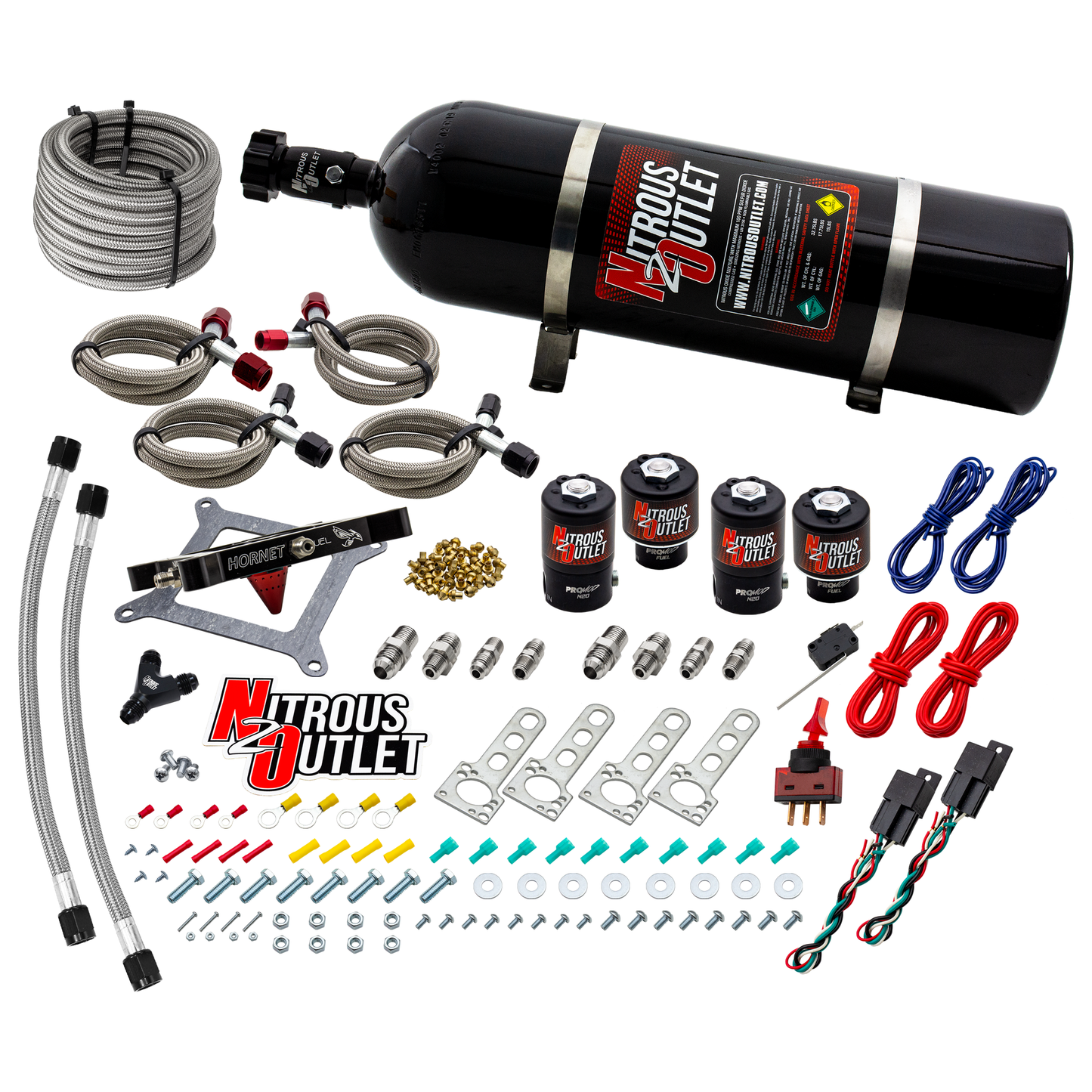 Nitrous Outlet 4150  Hornet 2 Dual Stage System - Two .122 Nitrous Solenoids/Two .177 Fuel Solenoids/Universal Solenoid Brackets - (Gas/E85)(5-55 psi)(50-500 HP Per Stage)(15lb Bottle)