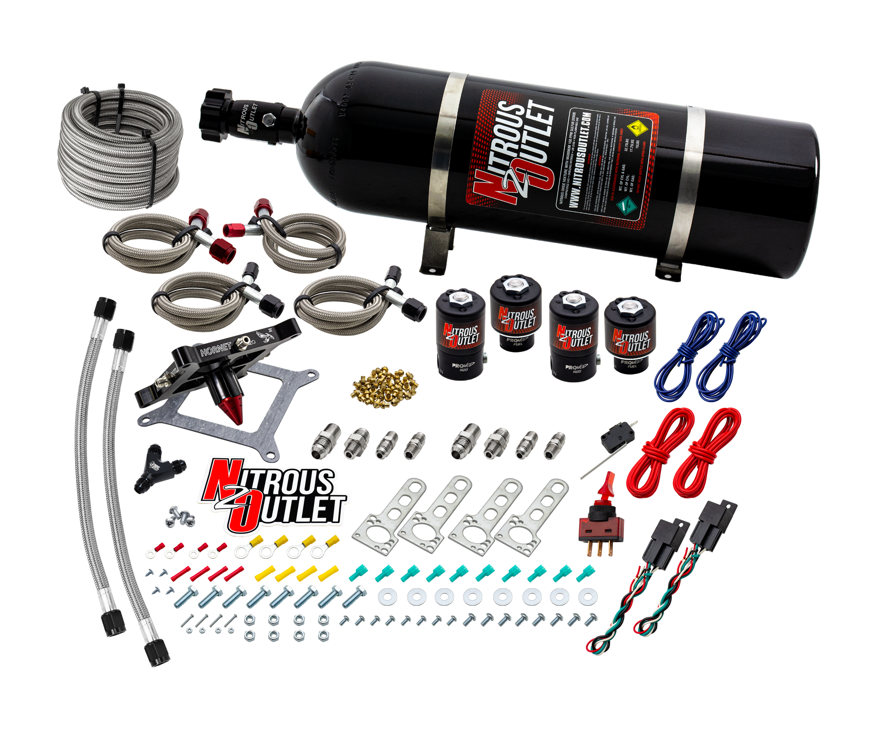 Nitrous Outlet 4150  Hornet 3 Dual Stage System - Two .122 Nitrous Solenoids/Two .177 Fuel Solenoids/Universal Solenoid Brackets - (Gas/E85)(5-55 psi)(50-500 HP Per Stage)(15lb Bottle)