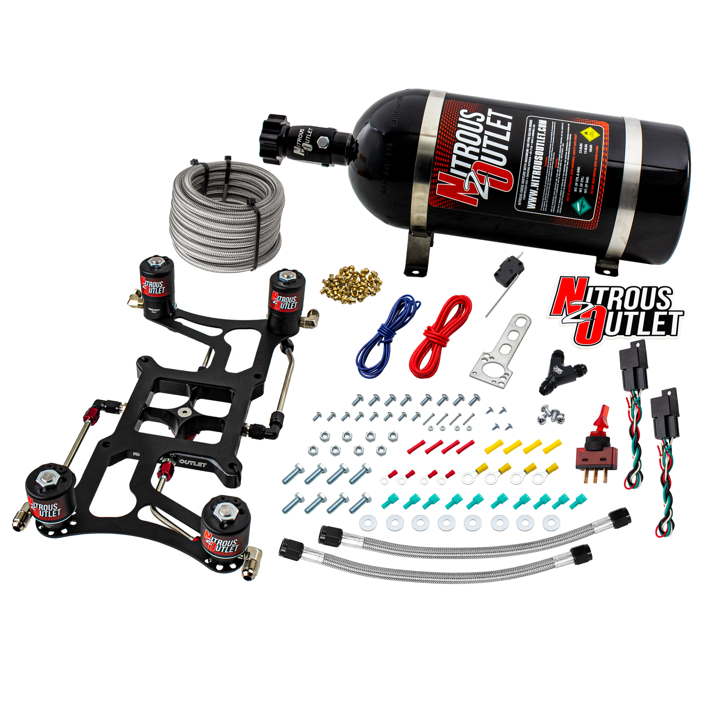 Nitrous Outlet 4150 Hornet 2 Dual Stage System - Hard-line/Two .122 Nitrous Solenoids/Two .177 Fuel Solenoids/Four Solenoid Boomerang Bracket - (Gas/E85)(5-55 psi)(50-500 HP Per Stage)(10lb Bottle)
