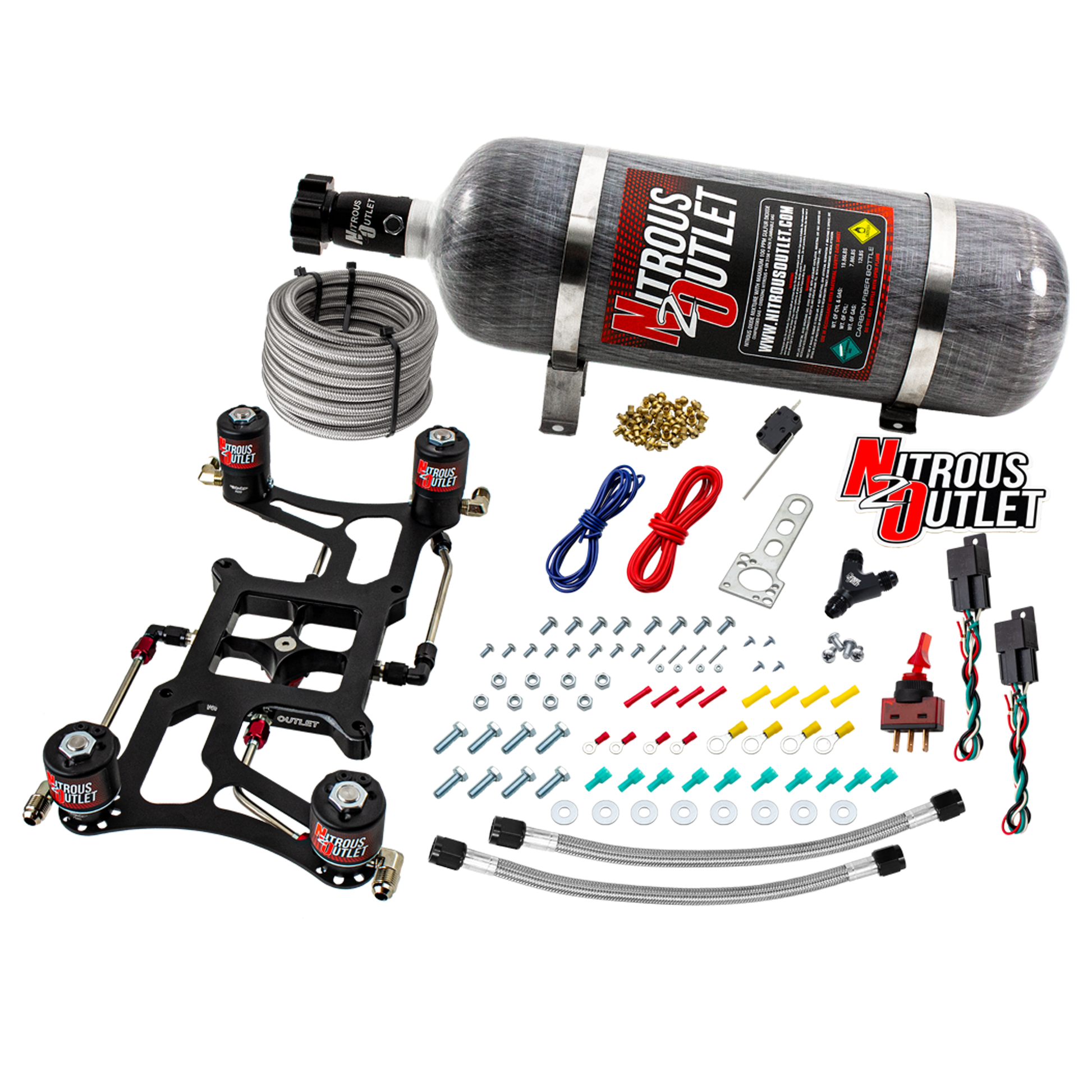 Nitrous Outlet 4150 Hornet 2 Dual Stage System - Hard-line/Two .122 Nitrous Solenoids/Two .177 Fuel Solenoids/Four Solenoid Boomerang Bracket - (Gas/E85)(5-55 psi)(50-500 HP Per Stage)(12lb Bottle)