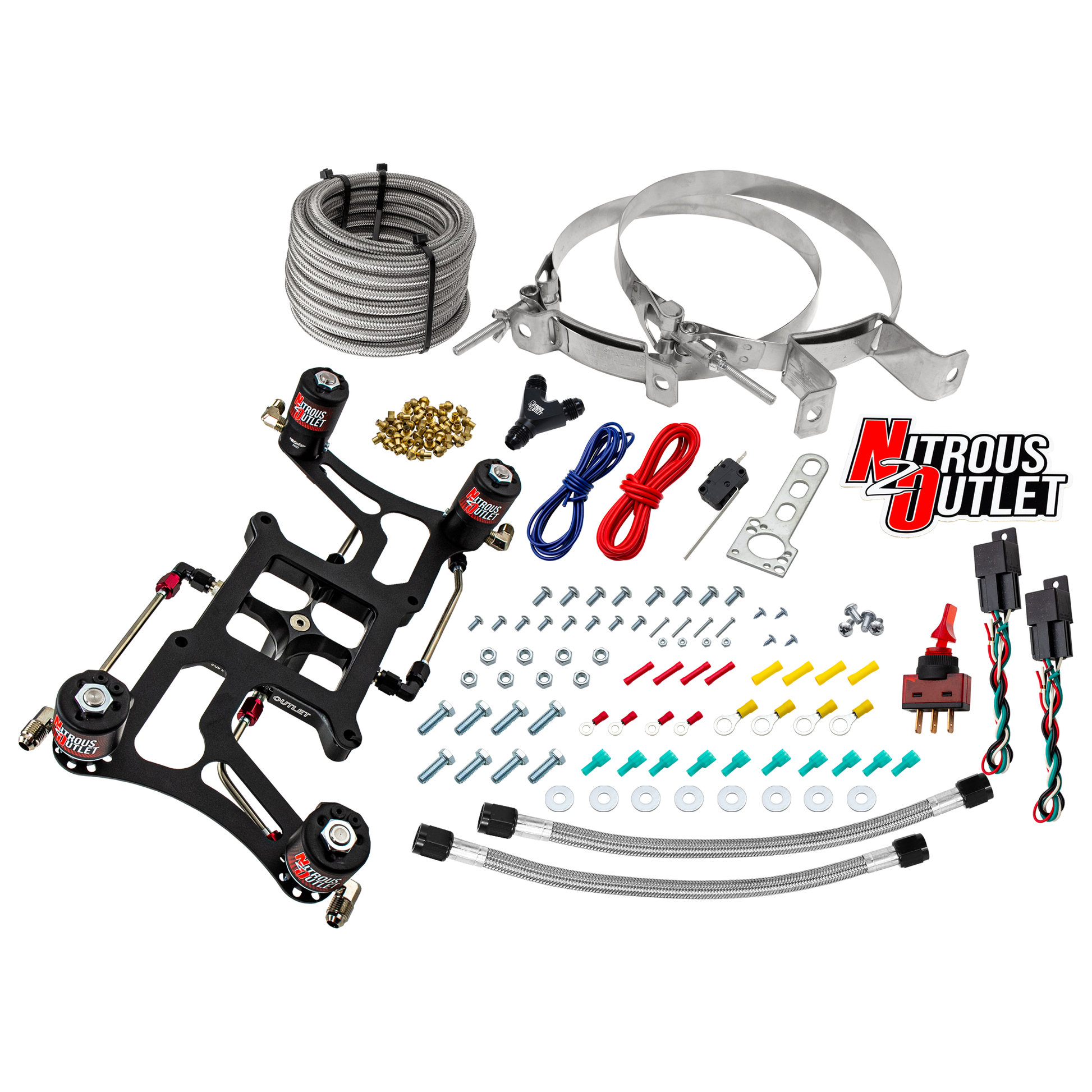 Nitrous Outlet 4150 Hornet 3 Dual Stage System - Hard-line/Two .122 Nitrous Solenoids/Two .177 Fuel Solenoids/Four Solenoid Boomerang Bracket - (Gas/E85)(5-55 psi)(50-500 HP Per Stage)(No Bottle)