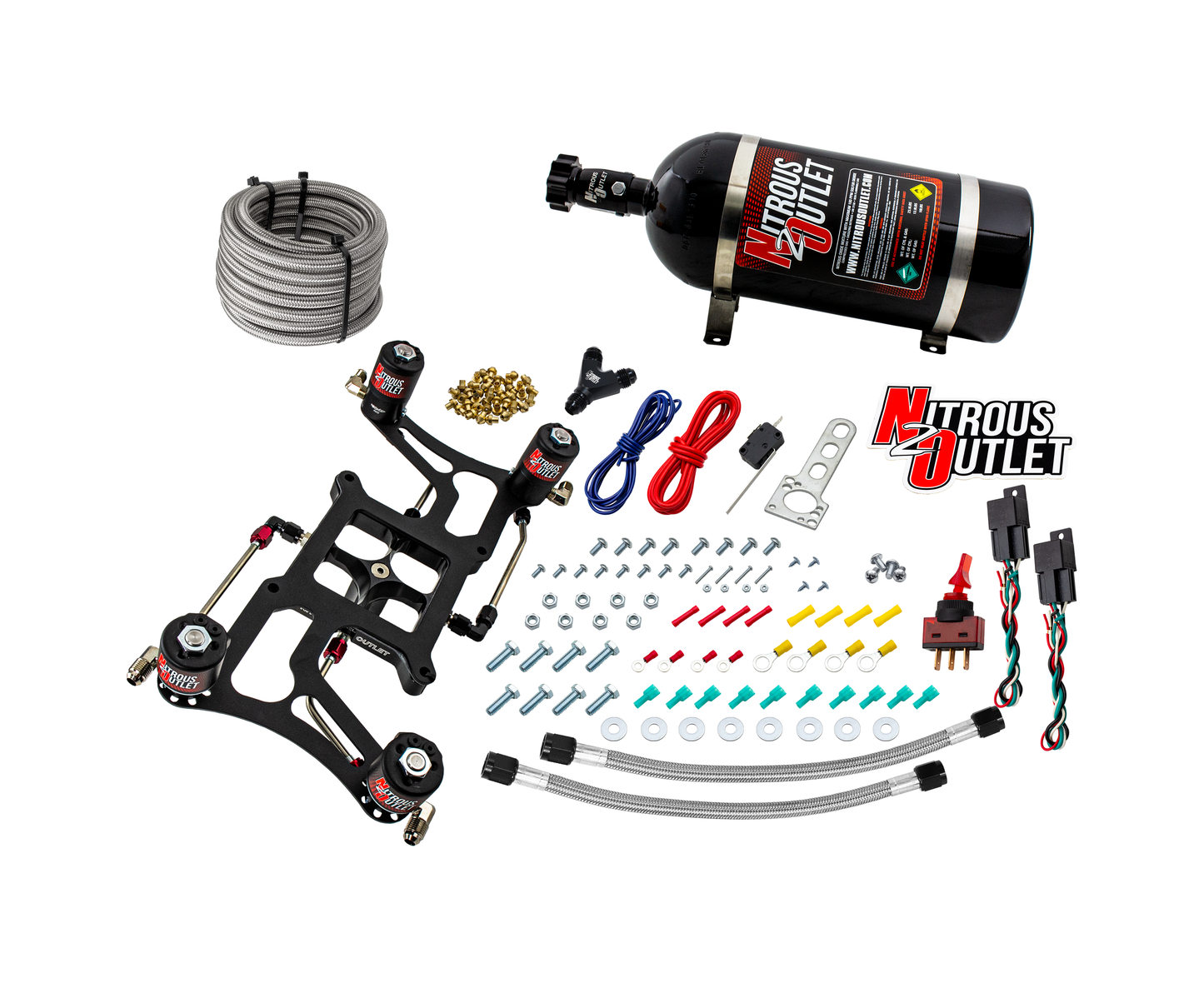 Nitrous Outlet 4150 Hornet 3 Dual Stage System - Hard-line/Two .122 Nitrous Solenoids/Two .177 Fuel Solenoids/Four Solenoid Boomerang Bracket - (Gas/E85)(5-55 psi)(50-500 HP Per Stage)(10lb Bottle)