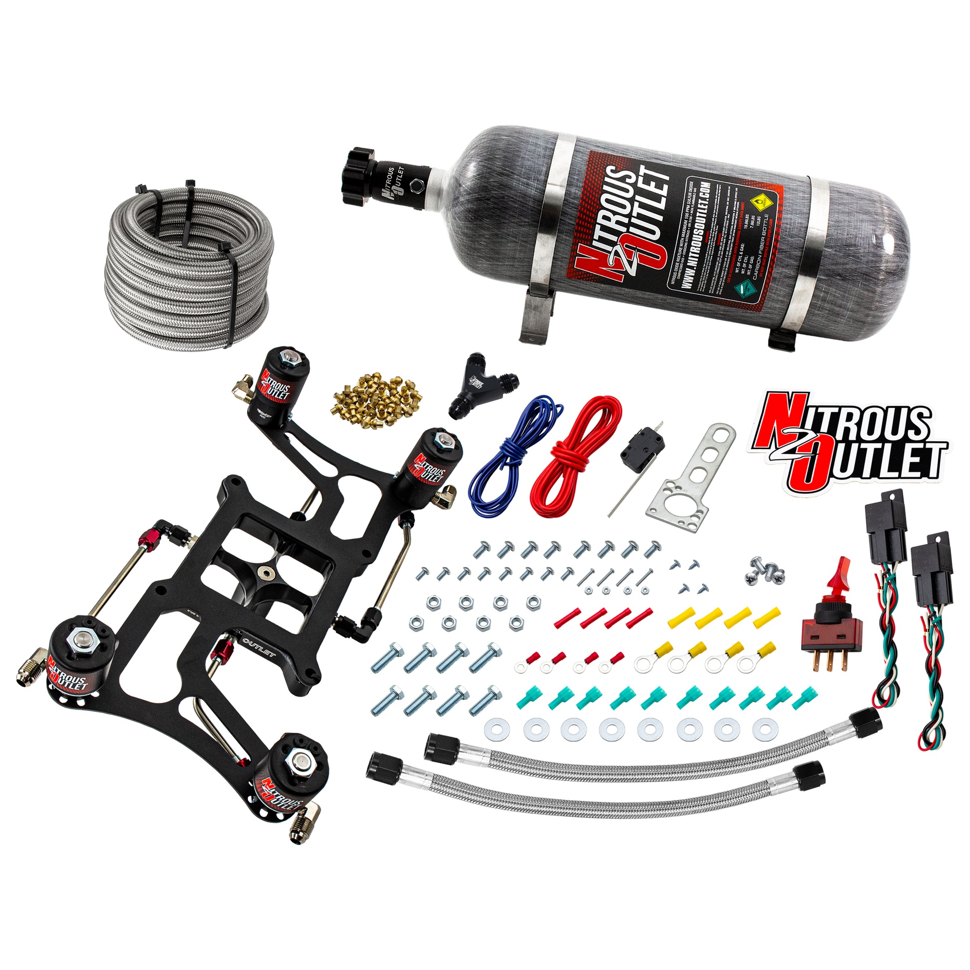 Nitrous Outlet 4150 Hornet 3 Dual Stage System - Hard-line/Two .122 Nitrous Solenoids/Two .177 Fuel Solenoids/Four Solenoid Boomerang Bracket - (Gas/E85)(5-55 psi)(50-500 HP Per Stage)(12lb Bottle)