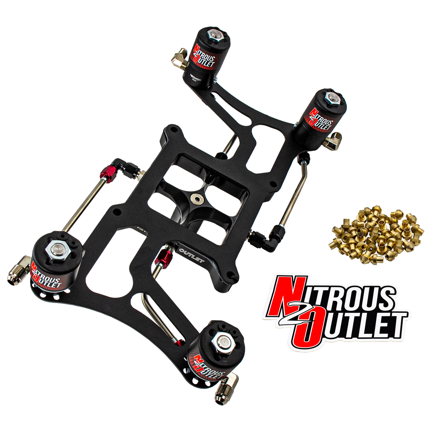Nitrous Outlet 4150 Hornet 3 Dual Stage Solenoid Forward Conversion Kit - Hard-line/Two .122 Nitrous Solenoids/Two .177 Fuel Solenoids/Four Solenoid Boomerang Bracket - (Gas/E85)(5-55 psi)(50-500 HP Per Stage)