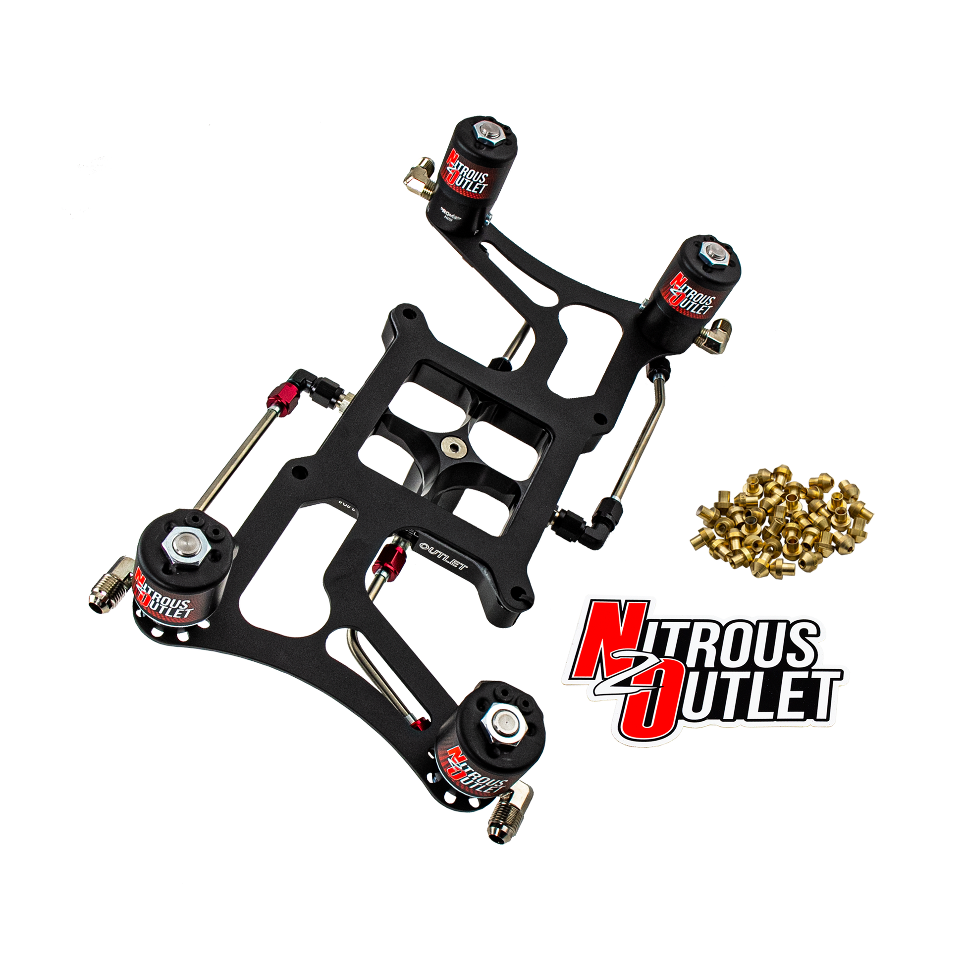 Nitrous Outlet 4150 Hornet 2 Dual Stage Solenoid Forward Conversion Kit - Hard-line/Two .122 Nitrous Solenoids/Two .177 Fuel Solenoids/Four Solenoid Boomerang Bracket - (Gas/E85)(5-55 psi)(50-500 HP Per Stage)