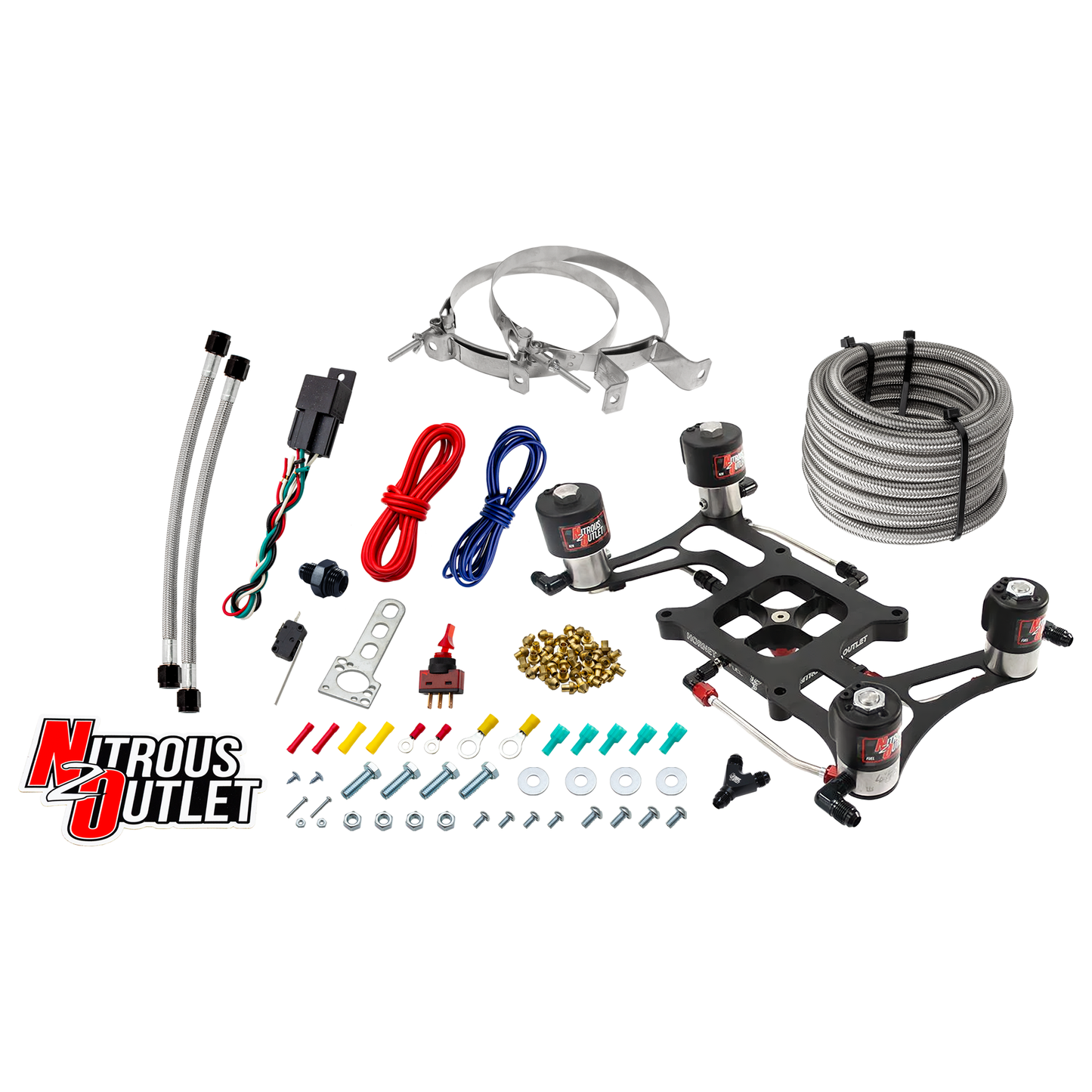 Nitrous Outlet 4150 Hornet 3 Race Dual Stage System - Hard-line/Two .178 Trashcan Nitrous Solenoids/Two .310 Fuel Solenoids/Four Solenoid Boomerang Bracket - (Gas/E85)(5-55 psi)(50-600 HP Per Stage)(No Bottle)