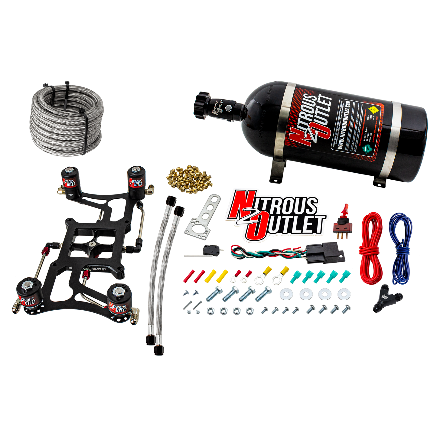 Nitrous Outlet 4150 Hornet 2 Race Dual Stage System - Hard-line/Two .178 Trashcan Nitrous Solenoids/Two .310 Fuel Solenoids/Four Solenoid Boomerang Bracket - (Gas/E85)(5-55 psi)(50-600 HP Per Stage)(10lb Bottle)