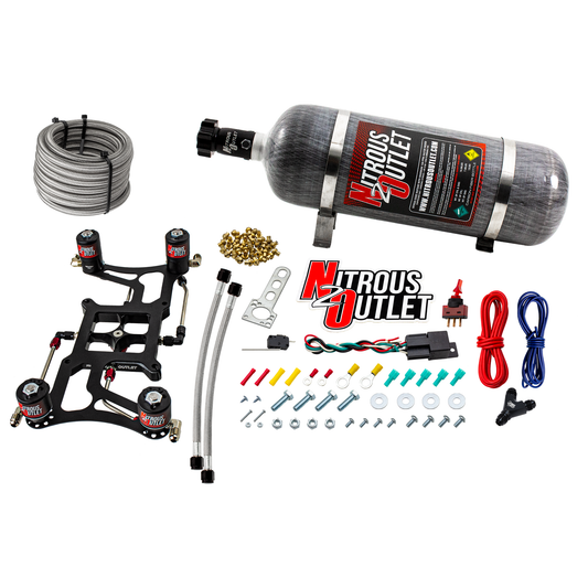 Nitrous Outlet 4150 Hornet 2 Race Dual Stage System - Hard-line/Two .178 Trashcan Nitrous Solenoids/Two .310 Fuel Solenoids/Four Solenoid Boomerang Bracket - (Gas/E85)(5-55 psi)(50-600 HP Per Stage)(12lb Bottle)