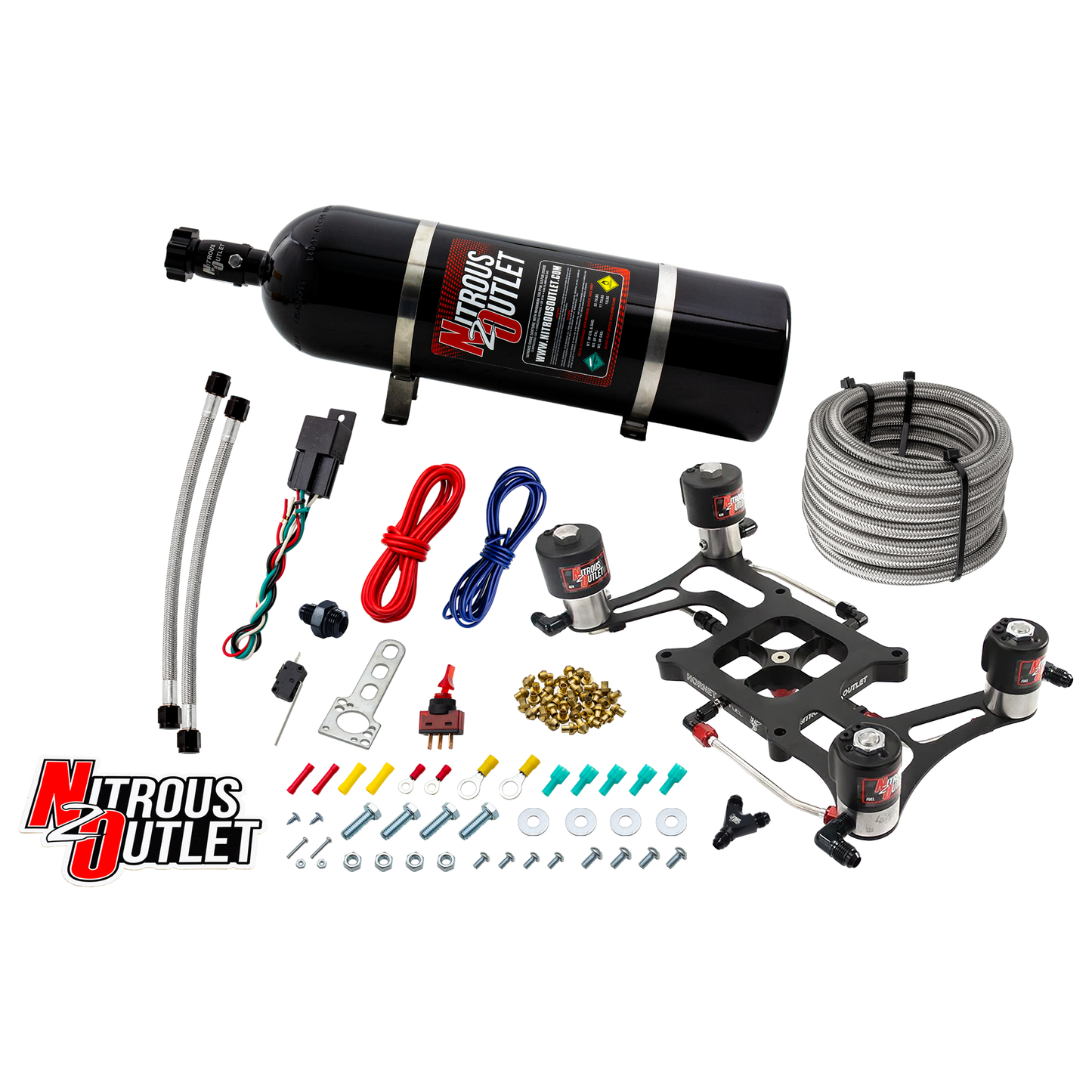 Nitrous Outlet 4150 Hornet 3 Race Dual Stage System - Hard-line/Two .178 Trashcan Nitrous Solenoids/Two .310 Fuel Solenoids/Four Solenoid Boomerang Bracket - (Gas/E85)(5-55 psi)(50-600 HP Per Stage)(15lb Bottle)