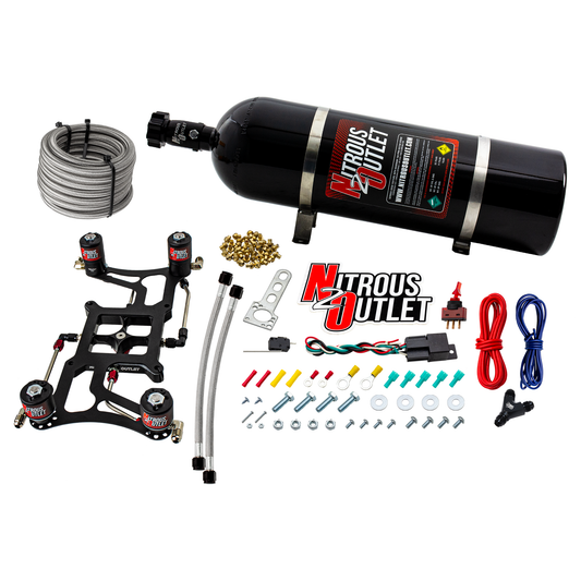 Nitrous Outlet 4150 Hornet 2 Race Dual Stage System - Hard-line/Two .178 Trashcan Nitrous Solenoids/Two .310 Fuel Solenoids/Four Solenoid Boomerang Bracket - (Gas/E85)(5-55 psi)(50-600 HP Per Stage)(15lb Bottle)