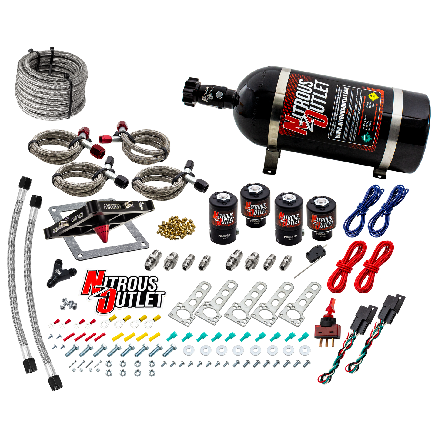 Nitrous Outlet 4500  Hornet 2 Dual Stage System - Two .122 Nitrous Solenoids/Two .177 Fuel Solenoids/Universal Solenoid Brackets - (Gas/E85)(5-55 psi)(50-500 HP Per Stage)(10lb Bottle)