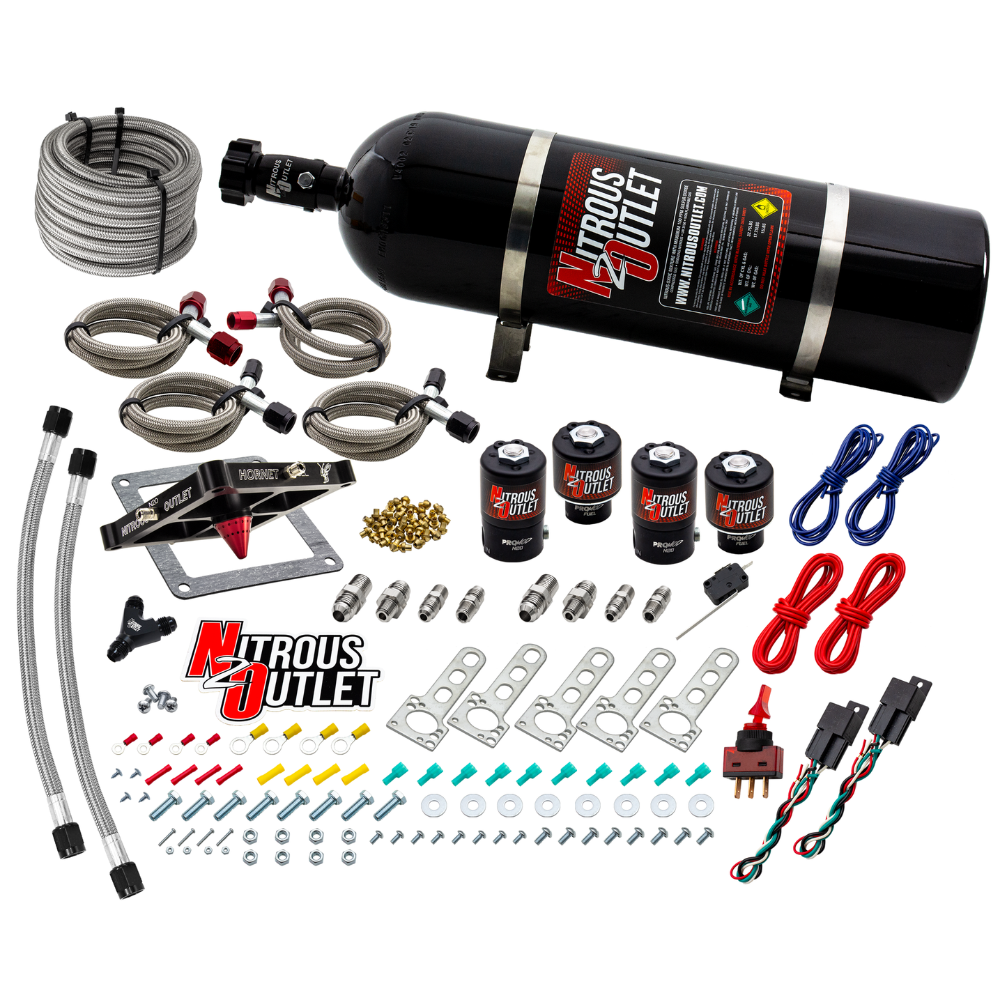 Nitrous Outlet 4500  Hornet 2 Dual Stage System - Two .122 Nitrous Solenoids/Two .177 Fuel Solenoids/Universal Solenoid Brackets - (Gas/E85)(5-55 psi)(50-500 HP Per Stage)(15lb Bottle)