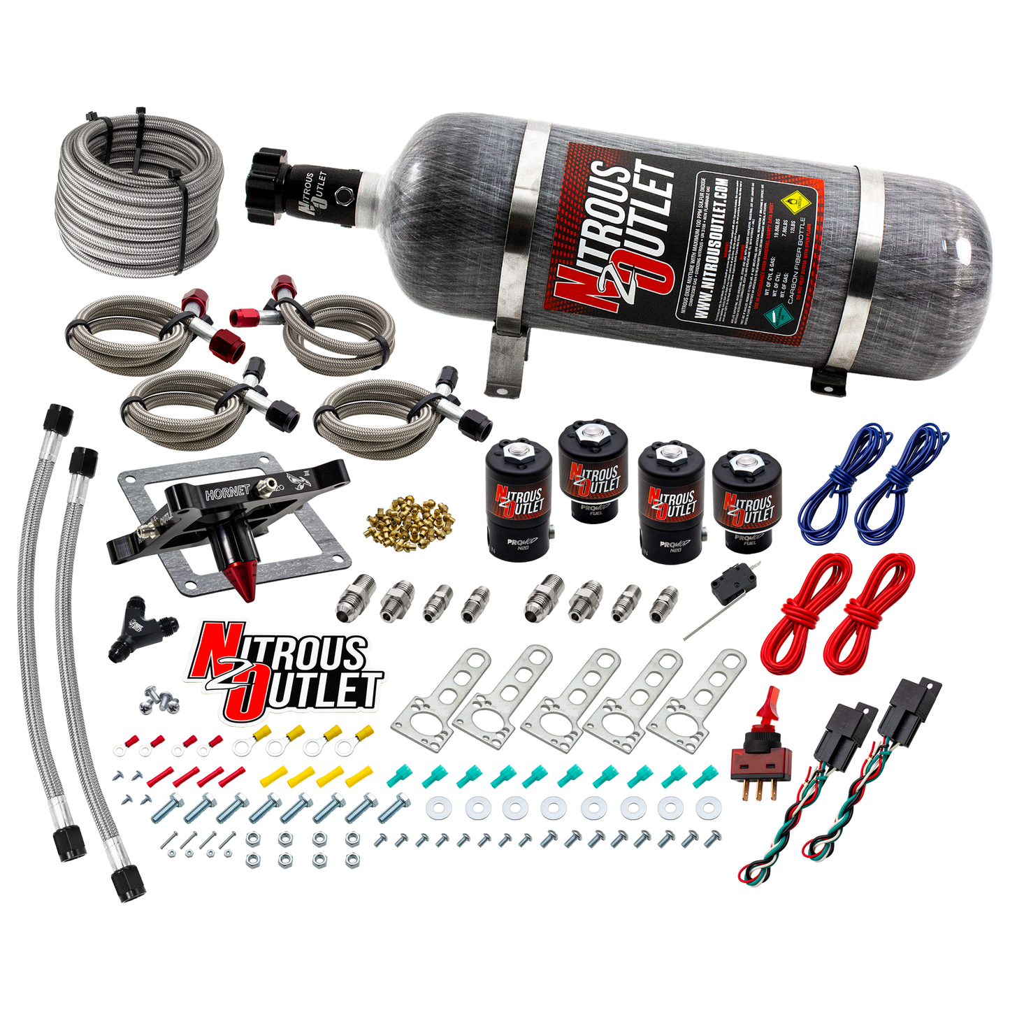 Nitrous Outlet 4500  Hornet 3 Dual Stage System - Two .122 Nitrous Solenoids/Two .177 Fuel Solenoids/Universal Solenoid Brackets - (Gas/E85)(5-55 psi)(50-500 HP Per Stage)(12lb Bottle)