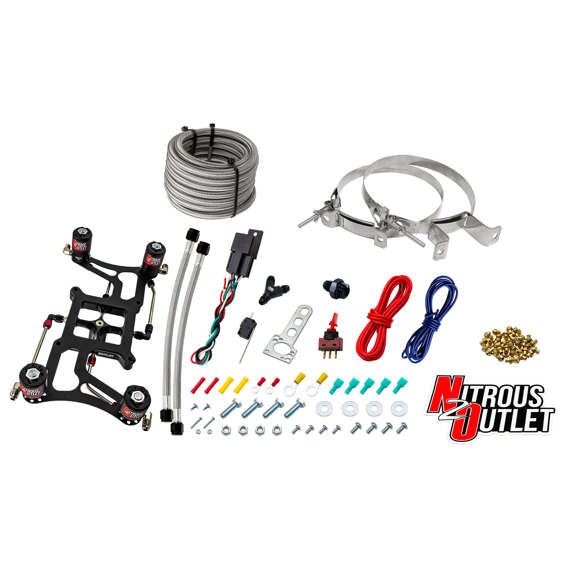 Nitrous Outlet 4500 Hornet 3 Dual Stage System - Hard-line/Two .122 Nitrous Solenoids/Two .177 Fuel Solenoids/Four Solenoid Boomerang Bracket - (Gas/E85)(5-55 psi)(50-500 HP Per Stage)(No Bottle)