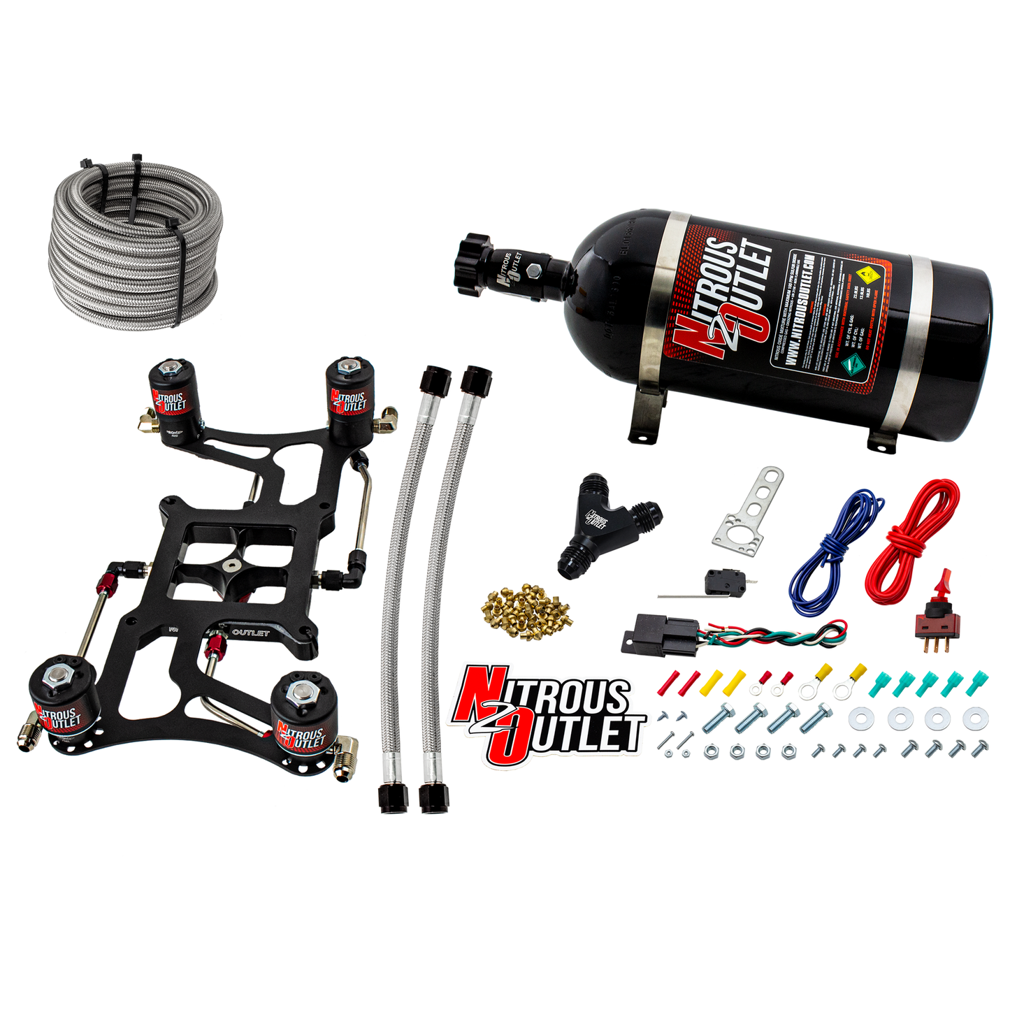 Nitrous Outlet 4500 Hornet 2 Dual Stage System - Hard-line/Two .122 Nitrous Solenoids/Two .177 Fuel Solenoids/Four Solenoid Boomerang Bracket - (Gas/E85)(5-55 psi)(50-500 HP Per Stage)(10lb Bottle)