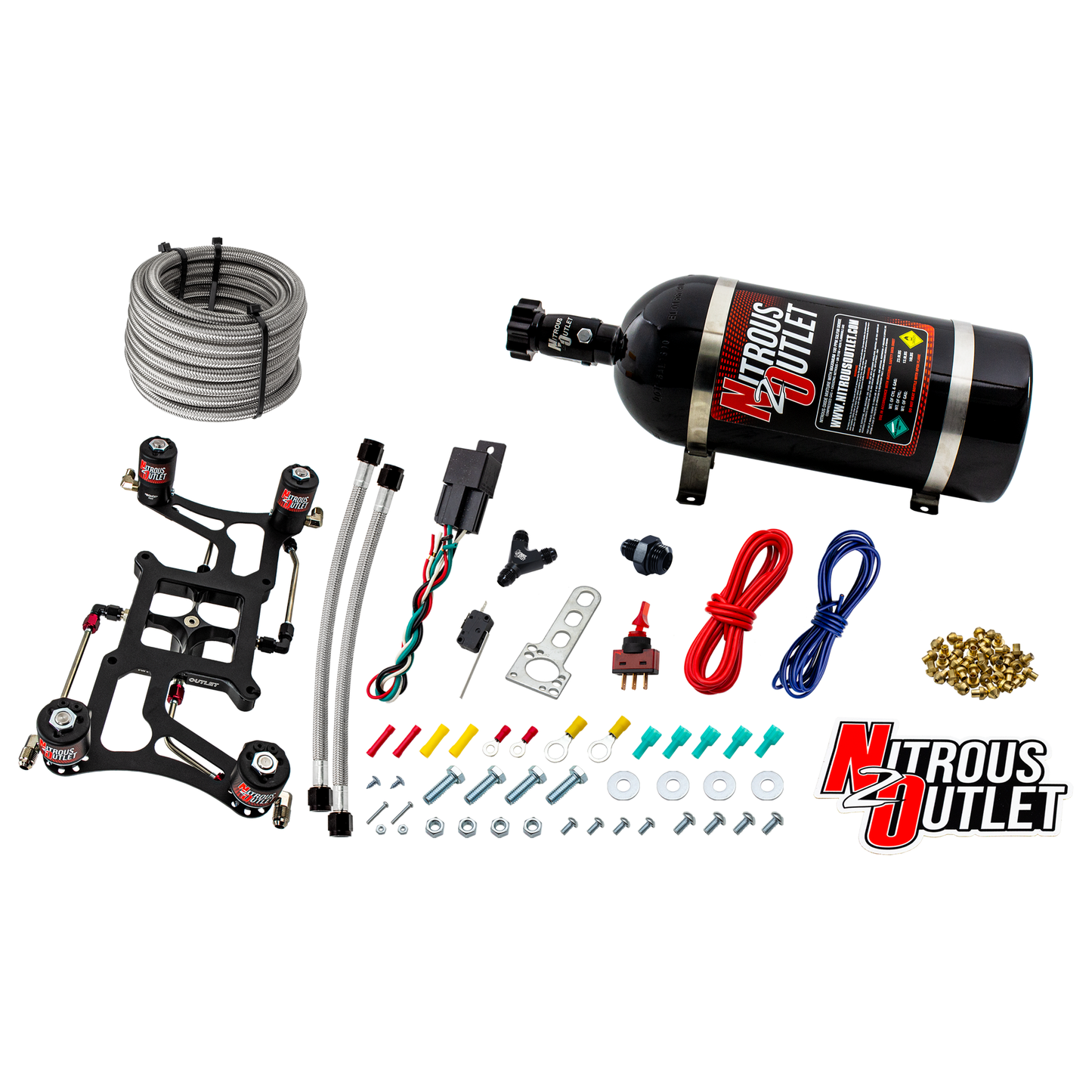 Nitrous Outlet 4500 Hornet 3 Dual Stage System - Hard-line/Two .122 Nitrous Solenoids/Two .177 Fuel Solenoids/Four Solenoid Boomerang Bracket - (Gas/E85)(5-55 psi)(50-500 HP Per Stage)(10lb Bottle)