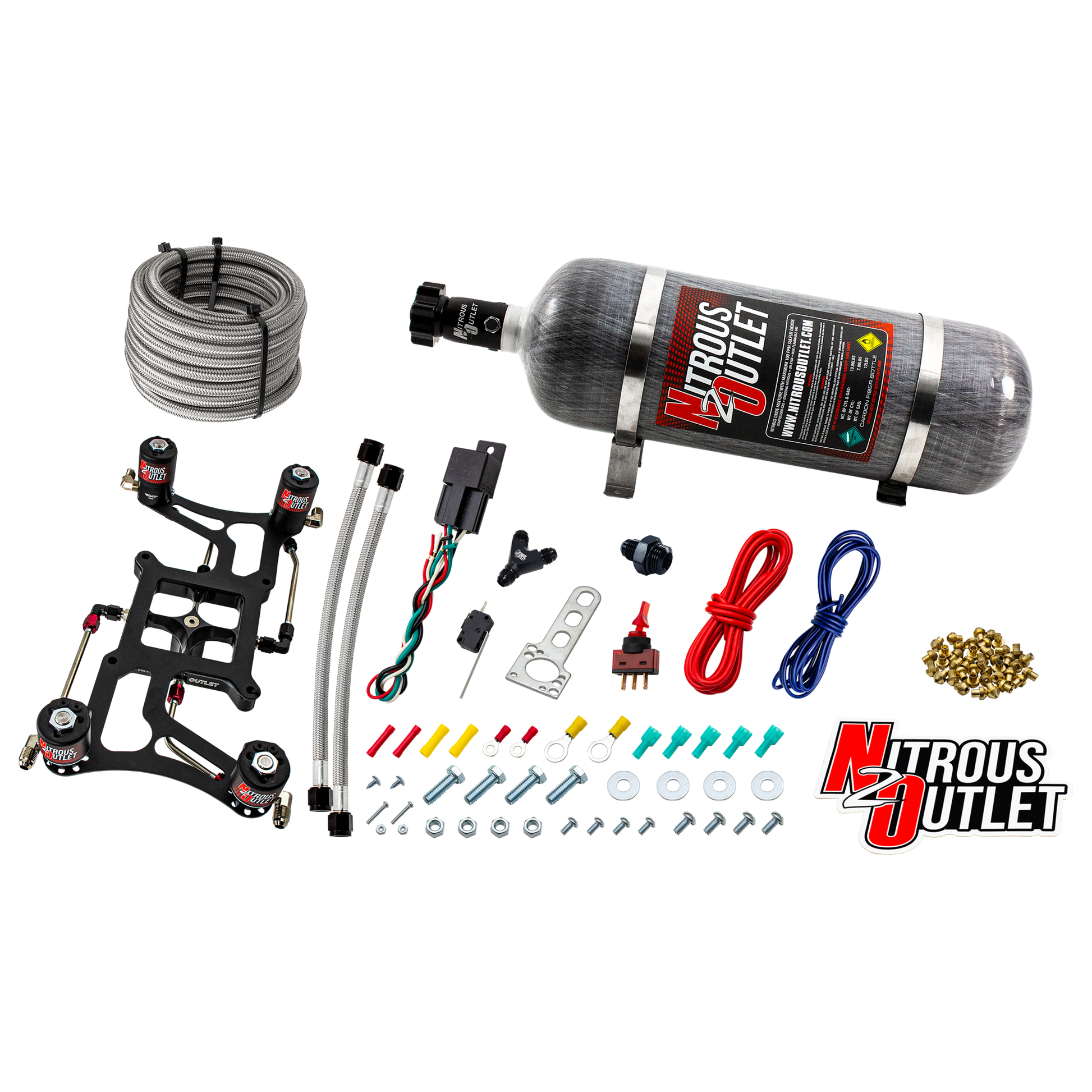 Nitrous Outlet 4500 Hornet 3 Dual Stage System - Hard-line/Two .122 Nitrous Solenoids/Two .177 Fuel Solenoids/Four Solenoid Boomerang Bracket - (Gas/E85)(5-55 psi)(50-500 HP Per Stage)(12lb Bottle)