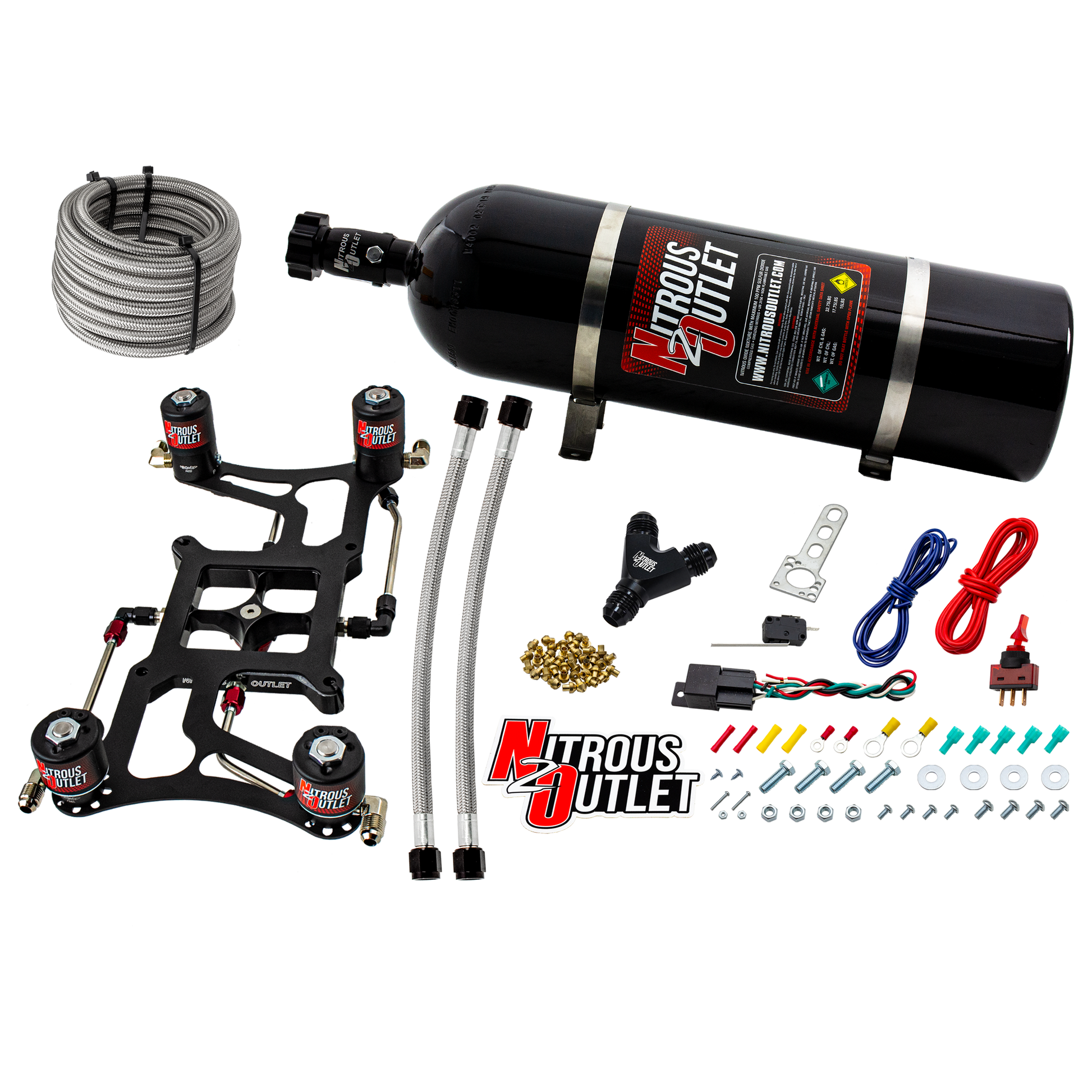 Nitrous Outlet 4500 Hornet 2 Dual Stage System - Hard-line/Two .122 Nitrous Solenoids/Two .177 Fuel Solenoids/Four Solenoid Boomerang Bracket - (Gas/E85)(5-55 psi)(50-500 HP Per Stage)(15lb Bottle)