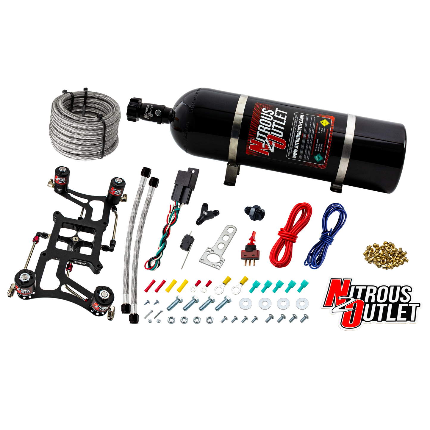 Nitrous Outlet 4500 Hornet 3 Dual Stage System - Hard-line/Two .122 Nitrous Solenoids/Two .177 Fuel Solenoids/Four Solenoid Boomerang Bracket - (Gas/E85)(5-55 psi)(50-500 HP Per Stage)(15lb Bottle)