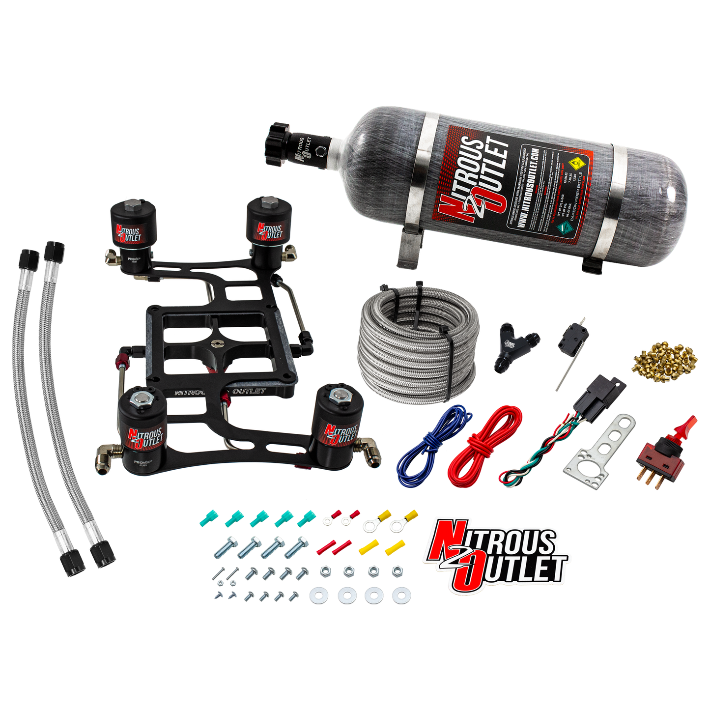 Nitrous Outlet 4500 Hornet 2 Race Dual Stage System - Hard-line/Two .178 Trashcan Nitrous Solenoids/Two .310 Fuel Solenoids/Four Solenoid Boomerang Bracket - (Gas/E85)(5-55 psi)(50-600 HP Per Stage)(12lb Bottle)