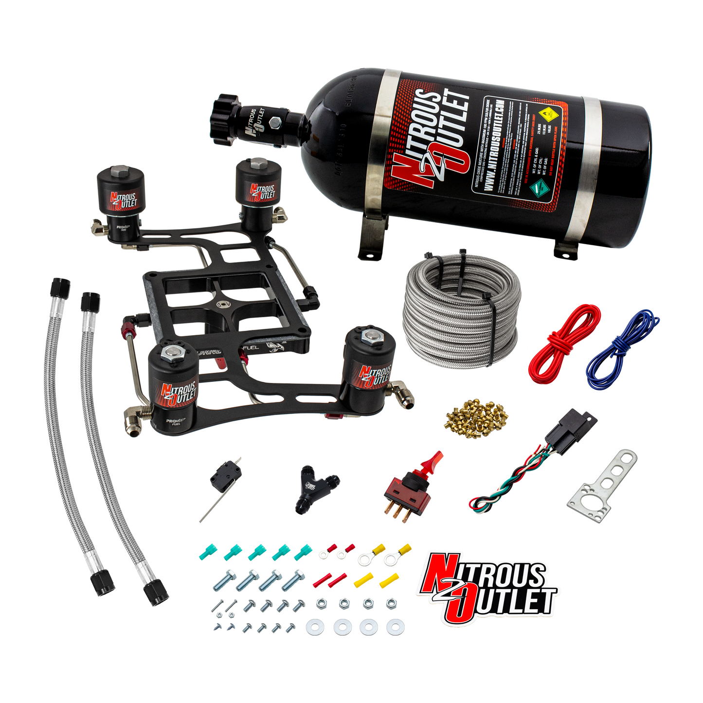 Nitrous Outlet 4500 Hornet 3 Race Dual Stage System - Hard-line/Two .178 Trashcan Nitrous Solenoids/Two .310 Fuel Solenoids/Four Solenoid Boomerang Bracket - (Gas/E85)(5-55 psi)(50-600 HP Per Stage)(10lb Bottle)