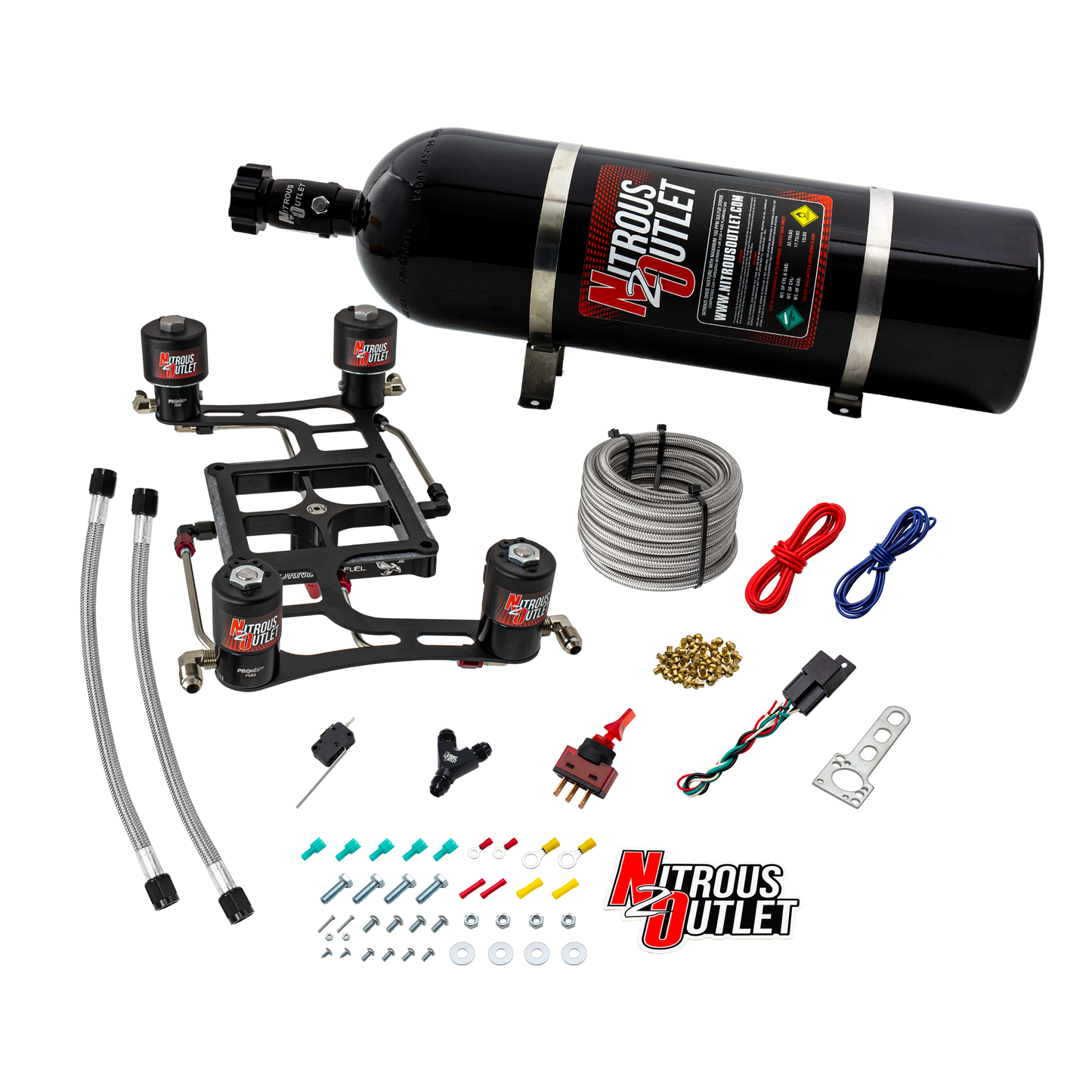 Nitrous Outlet 4500 Hornet 3 Race Dual Stage System - Hard-line/Two .178 Trashcan Nitrous Solenoids/Two .310 Fuel Solenoids/Four Solenoid Boomerang Bracket - (Gas/E85)(5-55 psi)(50-600 HP Per Stage)(15lb Bottle)