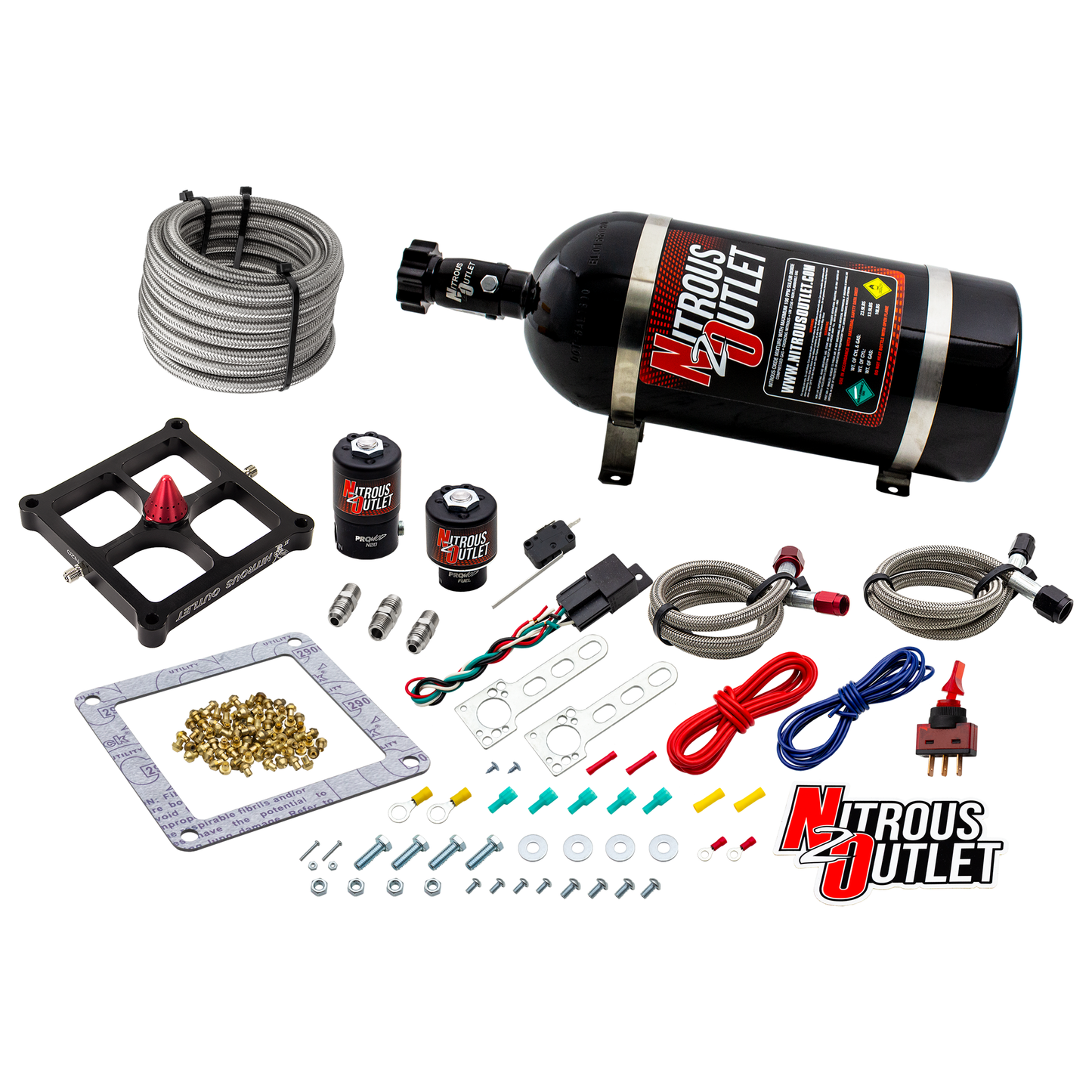 Nitrous Outlet 4500 Stinger 2 System - Braided Hoses/.122 Nitrous Solenoid/.177 Fuel Solenoid/Universal Solenoid Brackets - (Gas/E85)(5-55 psi)(50-500 HP)(10lb Bottle)