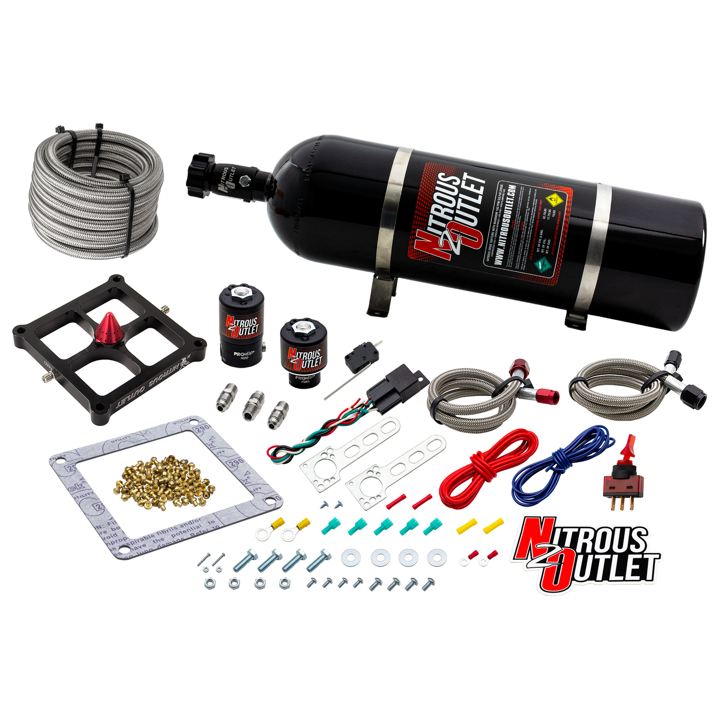 Nitrous Outlet 4500 Stinger 2 System - Braided Hoses/.122 Nitrous Solenoid/.177 Fuel Solenoid/Universal Solenoid Brackets - (Gas/E85)(5-55 psi)(50-500 HP)(15lb Bottle)