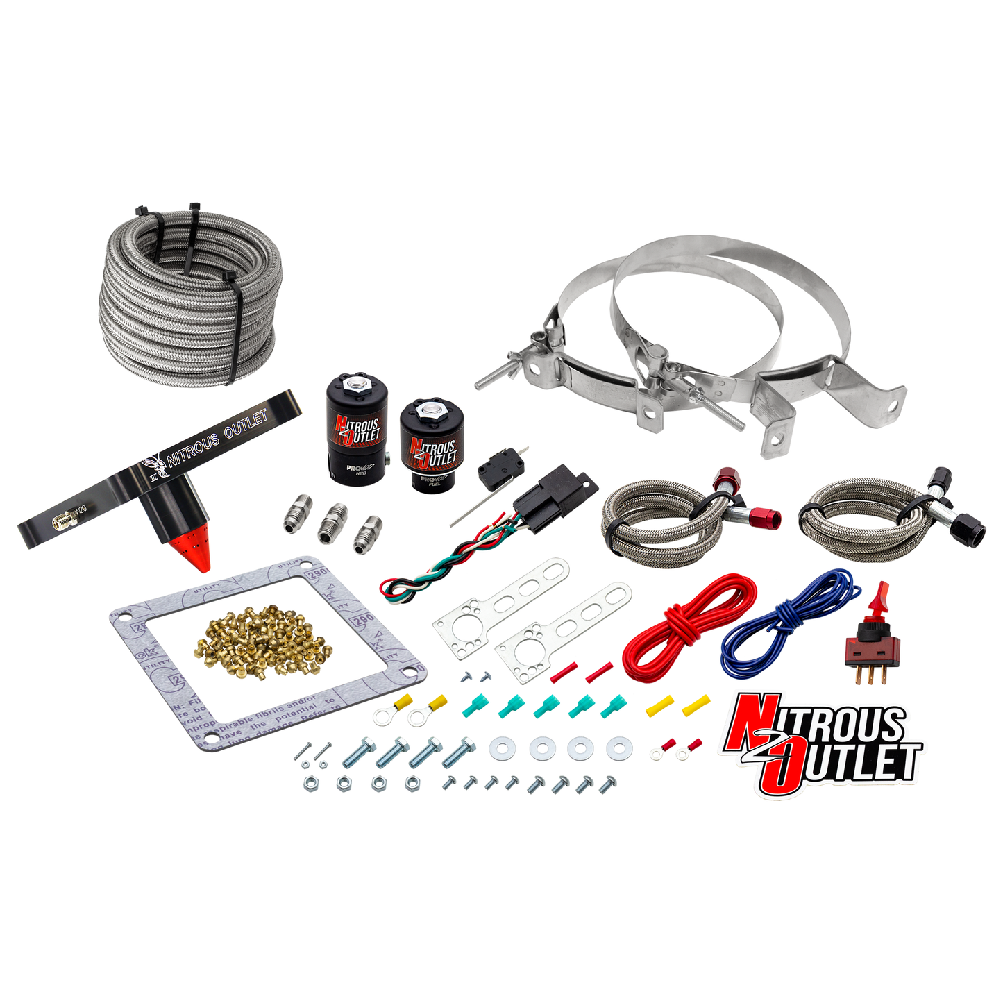 Nitrous Outlet 4500 Stinger 3 System - Braided Hoses/.122 Nitrous Solenoid/.177 Fuel Solenoid/Universal Solenoid Brackets - (Gas/E85)(5-55 psi)(50-500 HP)(No Bottle)