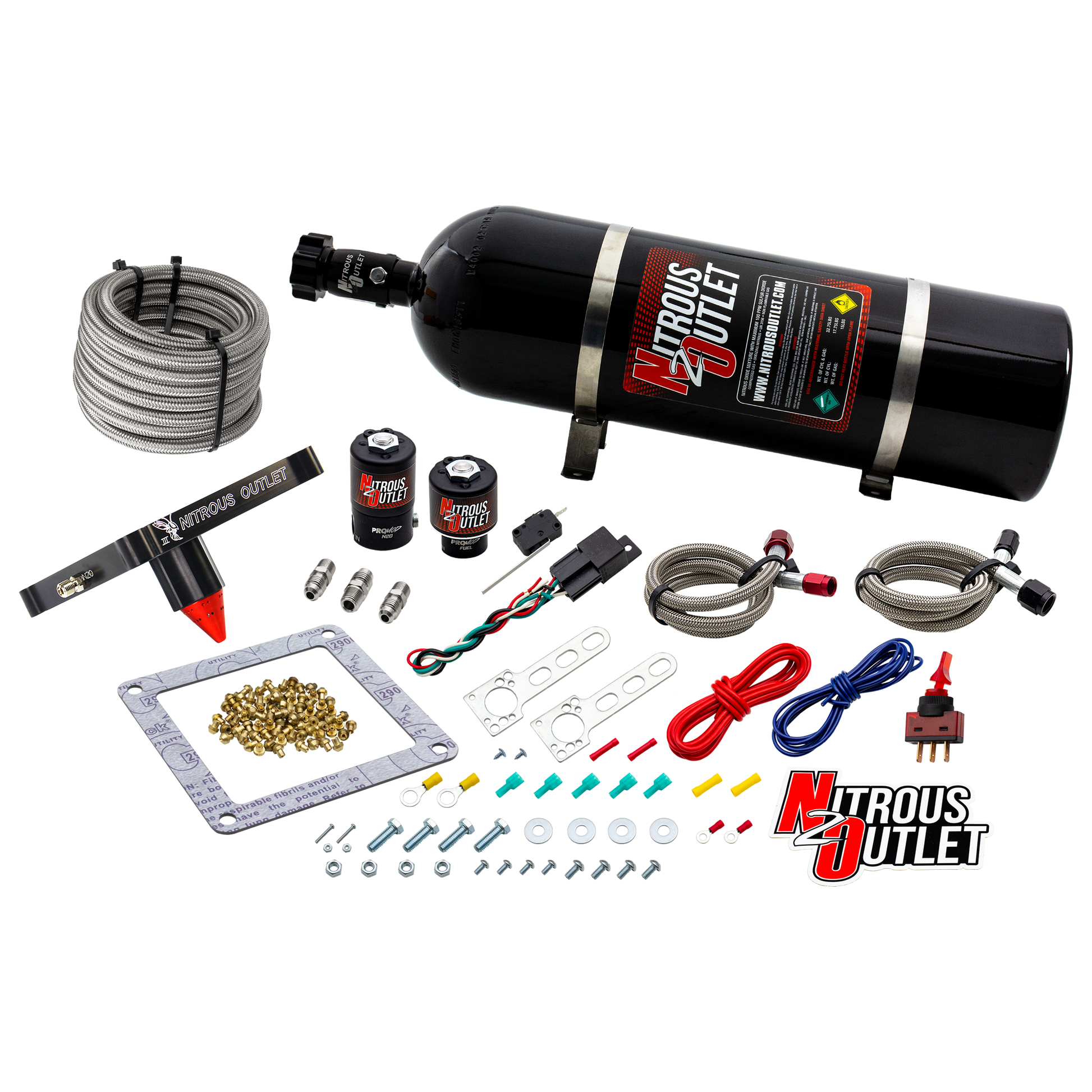 Nitrous Outlet 4500 Stinger 3 System - Braided Hoses/.122 Nitrous Solenoid/.177 Fuel Solenoid/Universal Solenoid Brackets - (Gas/E85)(5-55 psi)(50-500 HP)(15lb Bottle)