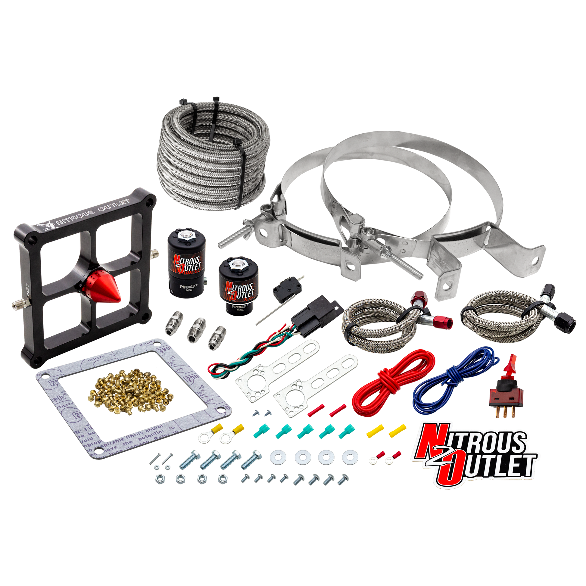 Nitrous Outlet 4500 Stinger 4 System - Braided Hoses/.122 Nitrous Solenoid/.177 Fuel Solenoid/Universal Solenoid Brackets - (Gas/E85)(5-55 psi)(50-500 HP)(No Bottle)