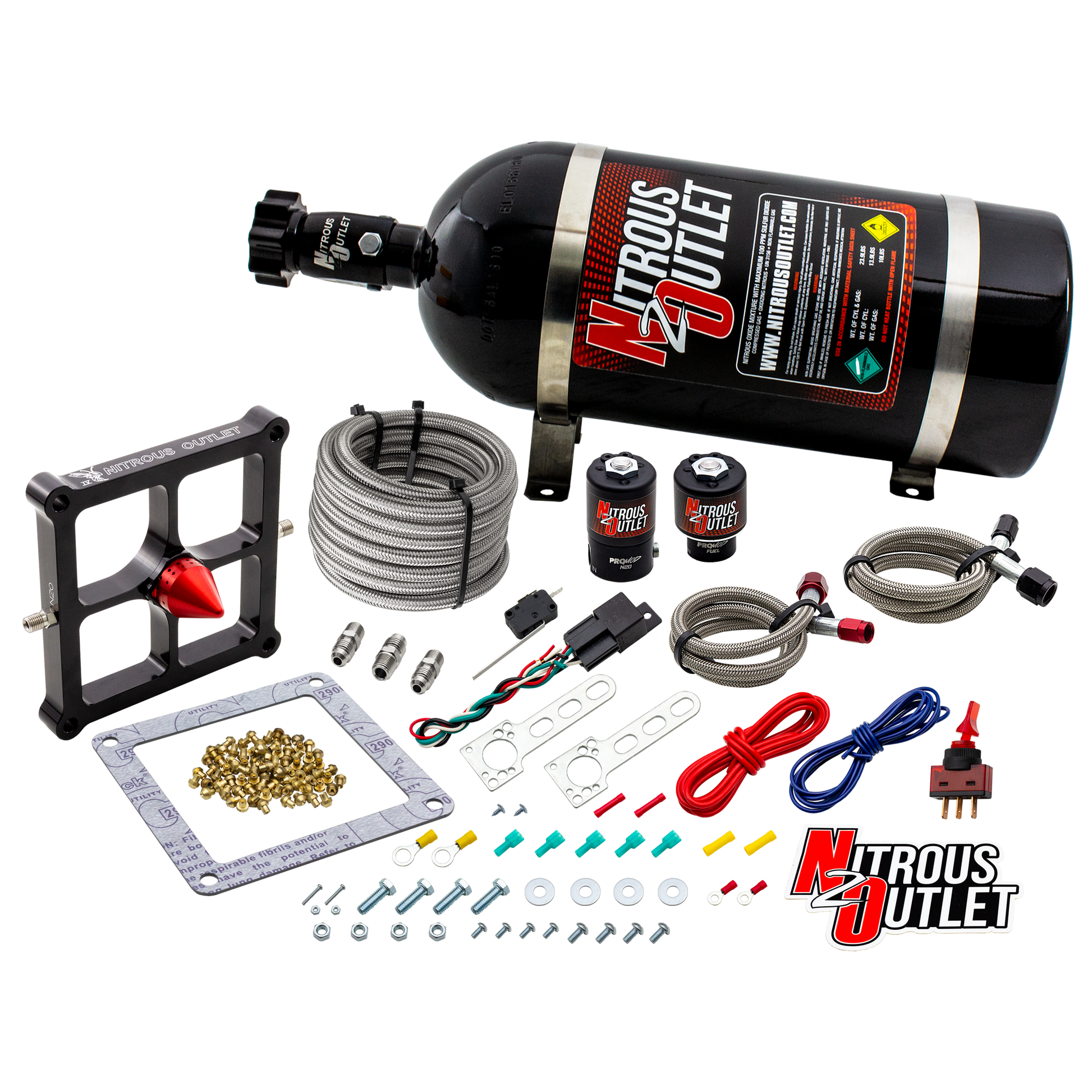 Nitrous Outlet 4500 Stinger 4 System - Braided Hoses/.122 Nitrous Solenoid/.177 Fuel Solenoid/Universal Solenoid Brackets - (Gas/E85)(5-55 psi)(50-500 HP)(10lb Bottle)
