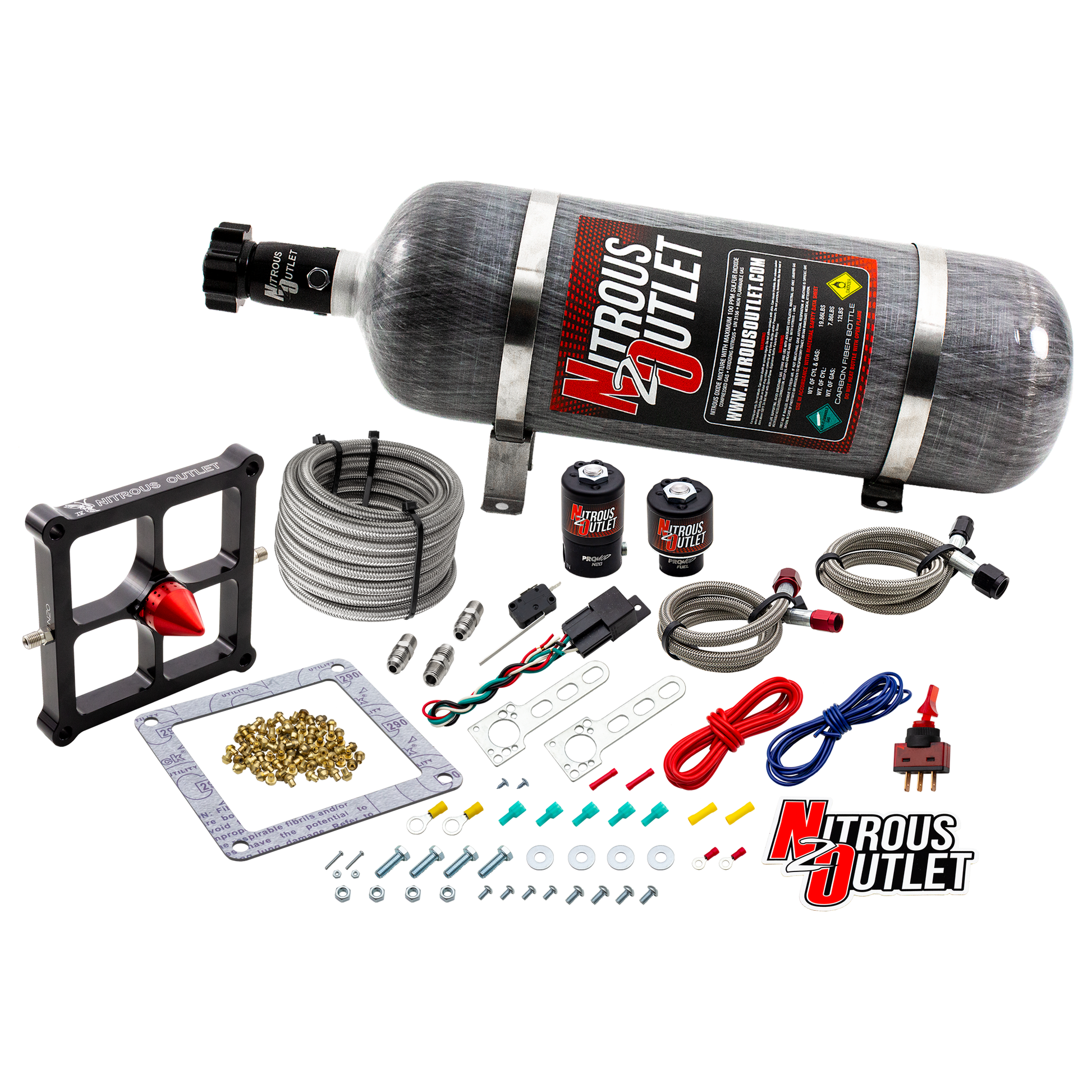 Nitrous Outlet 4500 Stinger 4 System - Braided Hoses/.122 Nitrous Solenoid/.177 Fuel Solenoid/Universal Solenoid Brackets - (Gas/E85)(5-55 psi)(50-500 HP)(12lb Bottle)