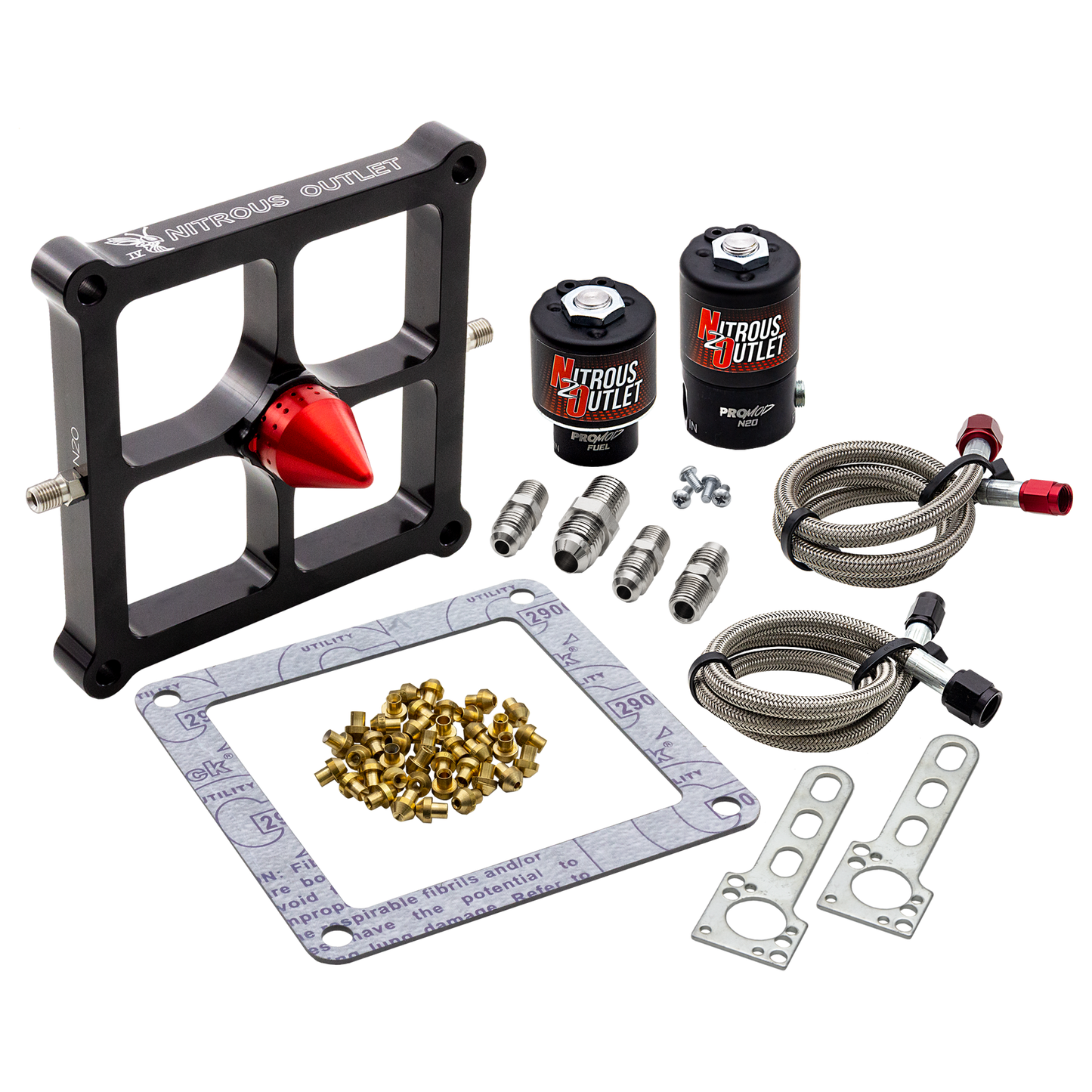 Nitrous Outlet 4500 Stinger 4 Solenoid Forward Conversion Kit - Braided Hoses/.122 Nitrous Solenoid/.177 Fuel Solenoid/Universal Solenoid Brackets - (Gas/E85)(5-55 psi)(50-500 HP)
