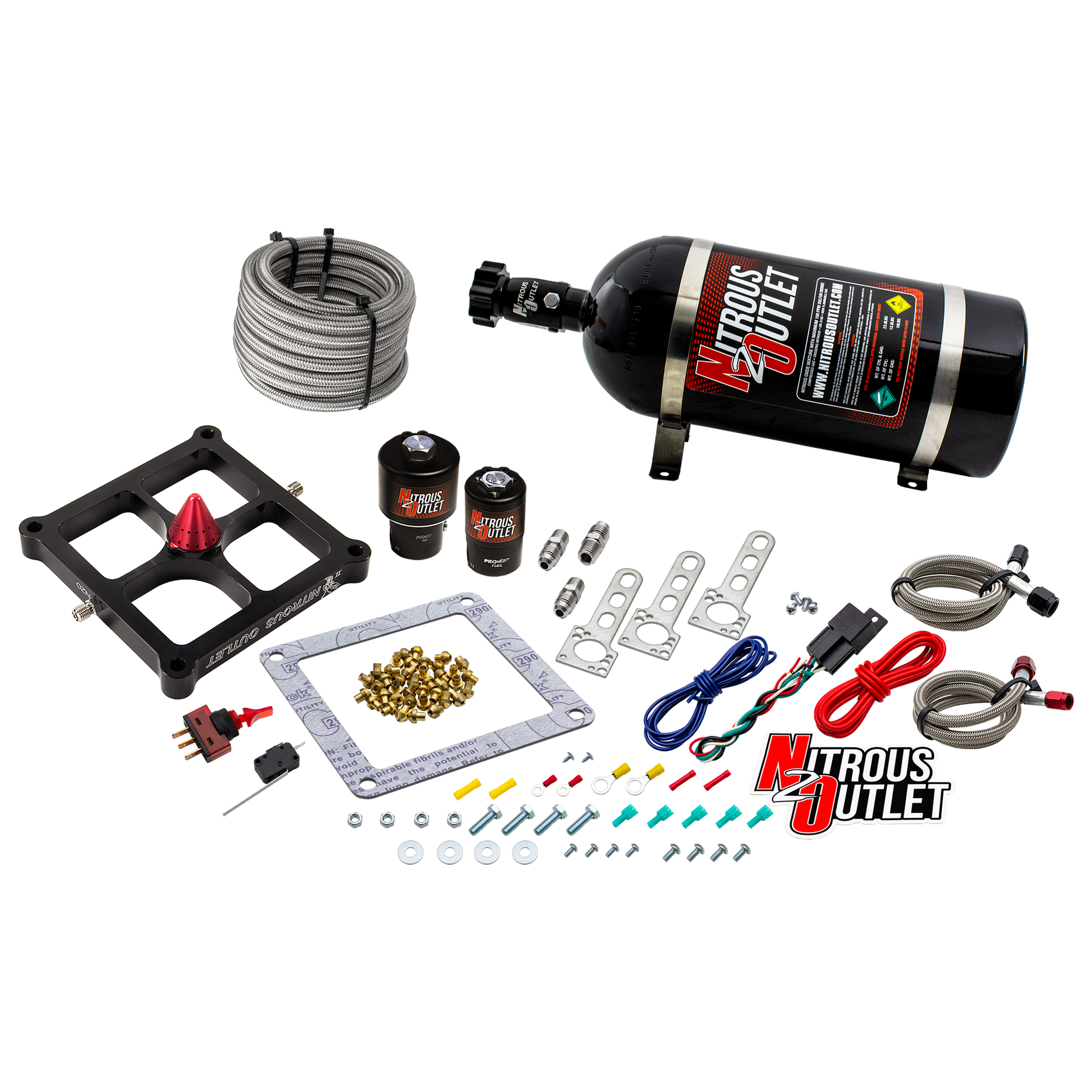 Nitrous Outlet 4500 Stinger 2 Race System - Braided Hoses/.178 Trashcan Nitrous Solenoid/.310 Fuel Solenoid/Universal Solenoid Brackets - (Gas/E85)(5-55 psi)(50-600 HP)(10lb Bottle)