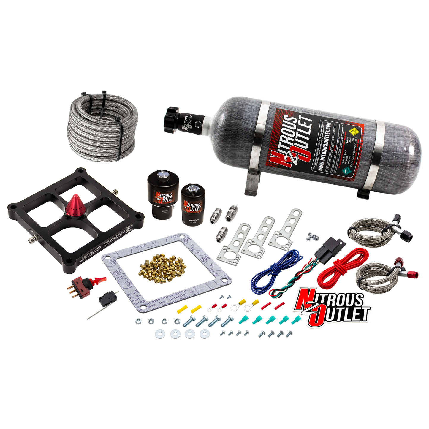 Nitrous Outlet 4500 Stinger 2 Race System - Braided Hoses/.178 Trashcan Nitrous Solenoid/.310 Fuel Solenoid/Universal Solenoid Brackets - (Gas/E85)(5-55 psi)(50-600 HP)(12lb Bottle)