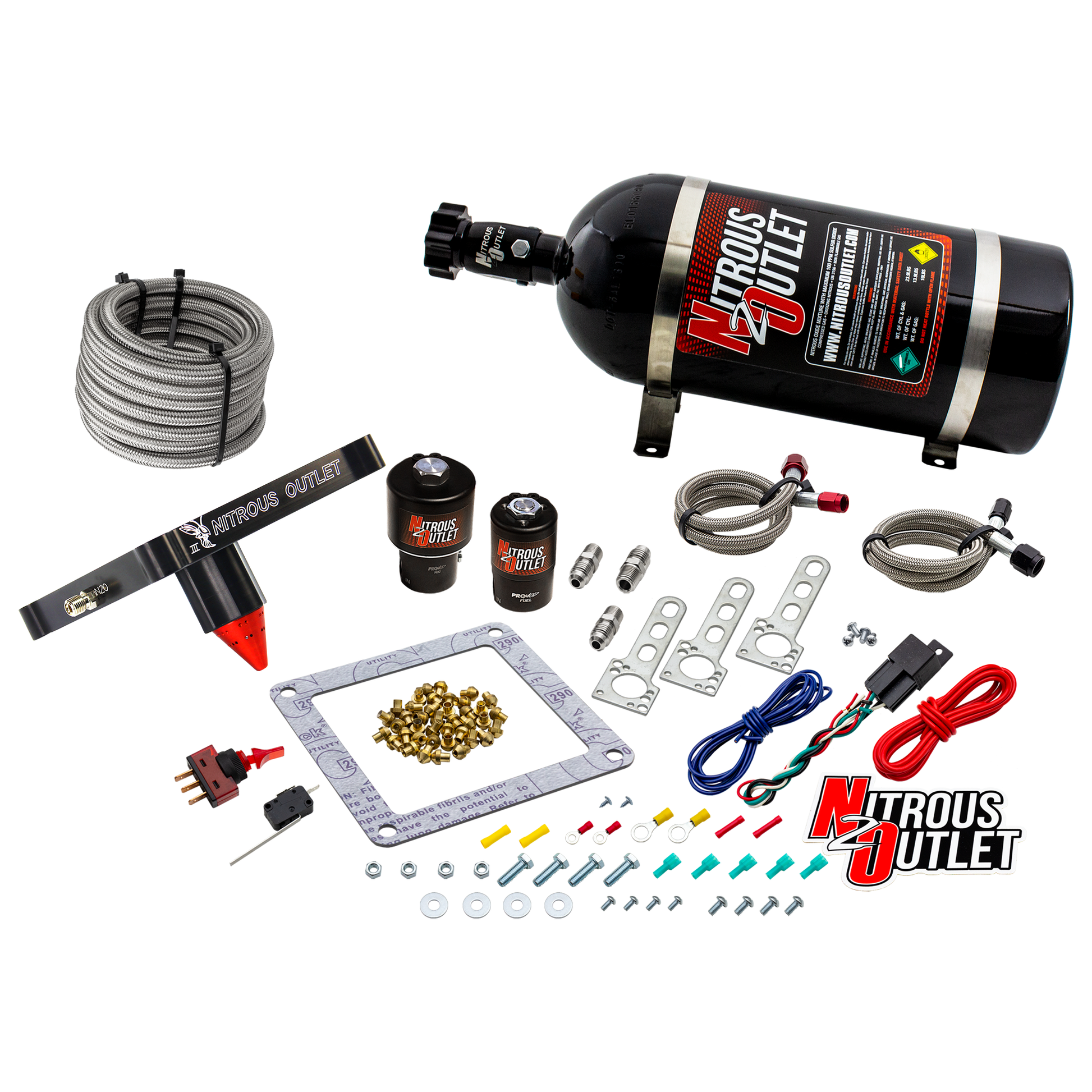 Nitrous Outlet 4500 Stinger 3 Race System - Braided Hoses/.178 Trashcan Nitrous Solenoid/.310 Fuel Solenoid/Universal Solenoid Brackets - (Gas/E85)(5-55 psi)(50-600 HP)(10lb Bottle)