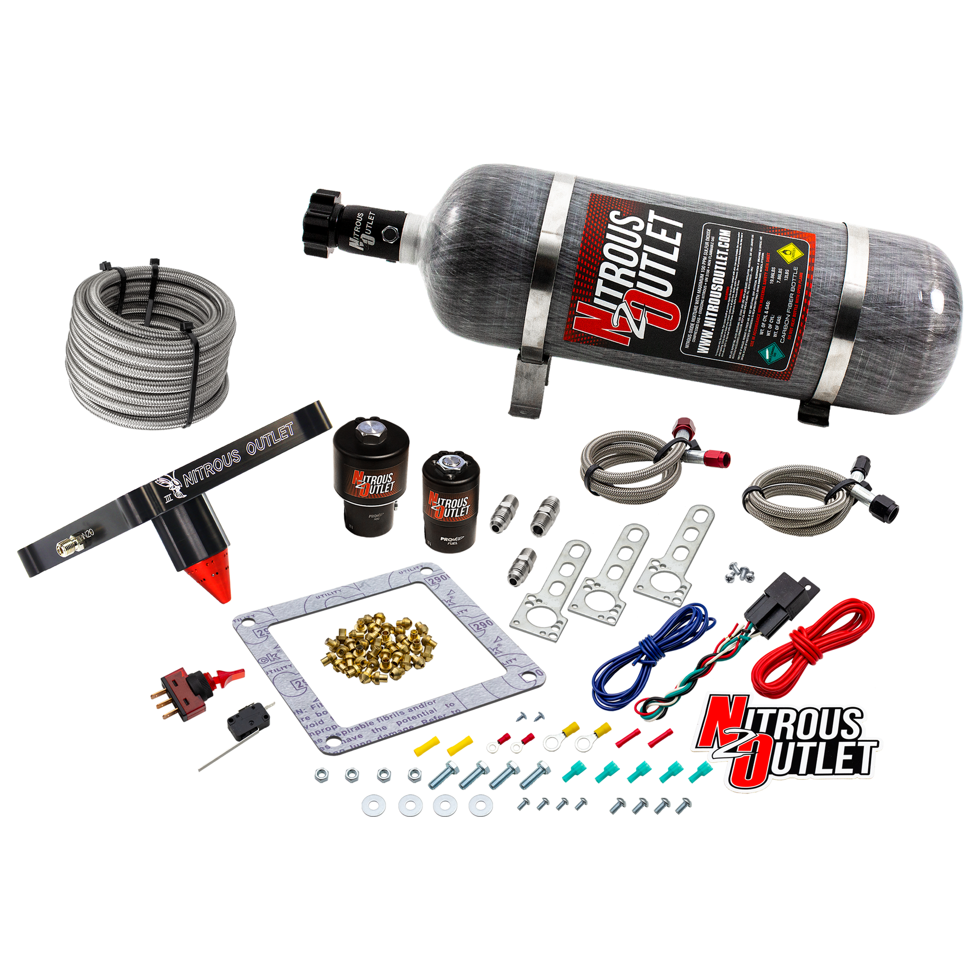 Nitrous Outlet 4500 Stinger 3 Race System - Braided Hoses/.178 Trashcan Nitrous Solenoid/.310 Fuel Solenoid/Universal Solenoid Brackets - (Gas/E85)(5-55 psi)(50-600 HP)(12lb Bottle)