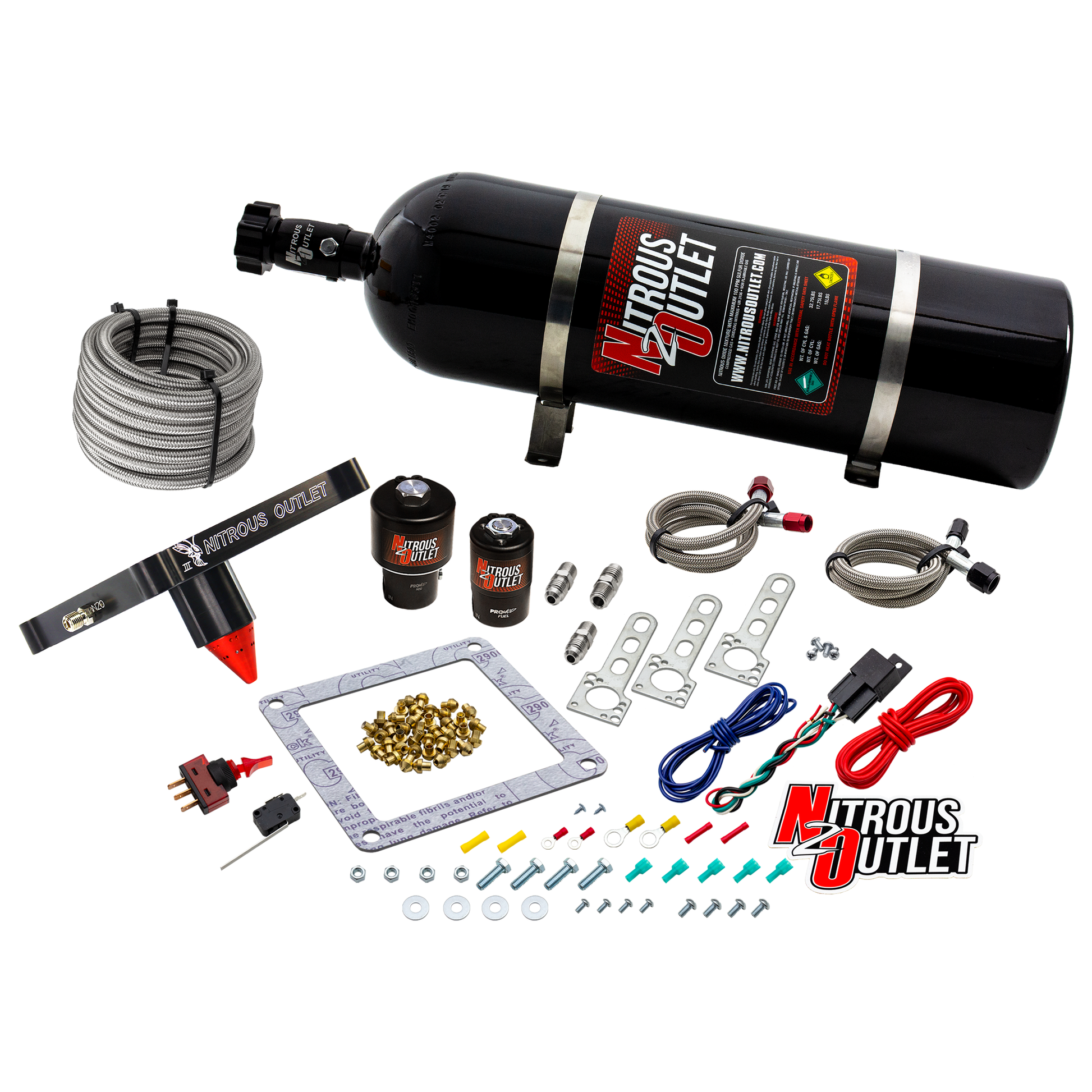 Nitrous Outlet 4500 Stinger 3 Race System - Braided Hoses/.178 Trashcan Nitrous Solenoid/.310 Fuel Solenoid/Universal Solenoid Brackets - (Gas/E85)(5-55 psi)(50-600 HP)(15lb Bottle)