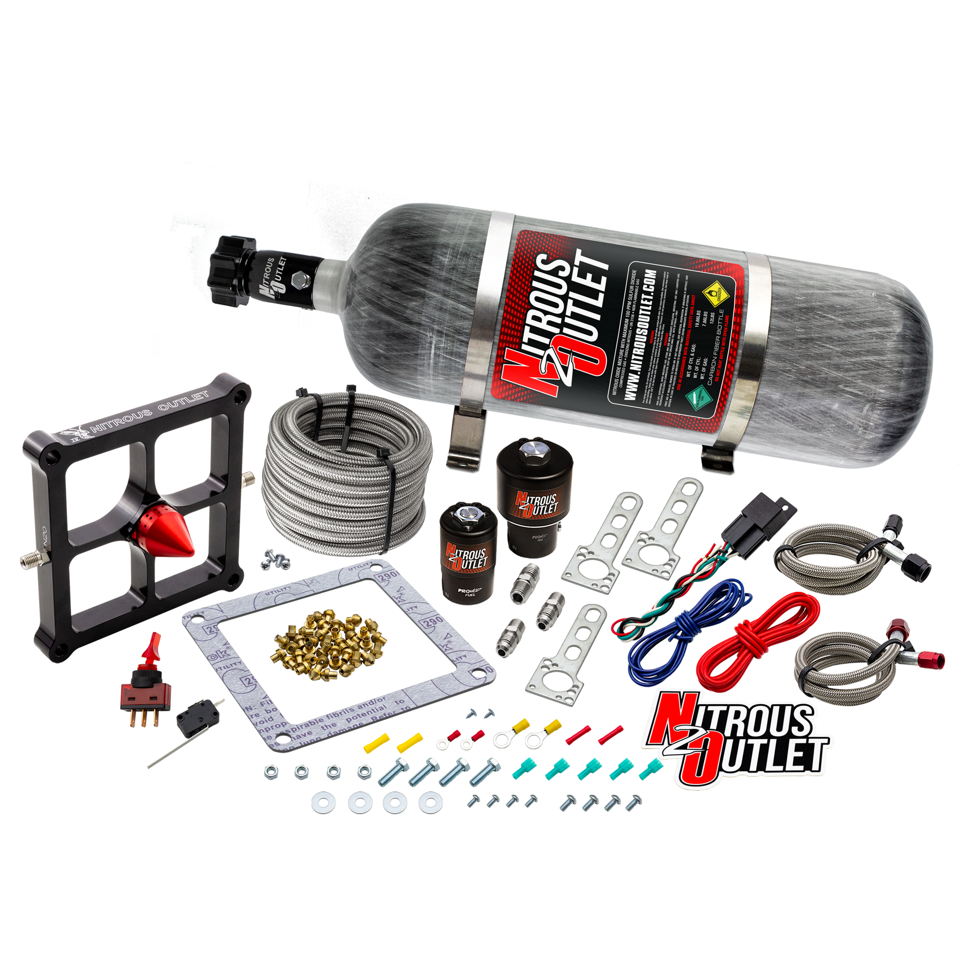 Nitrous Outlet 4500 Stinger 4 Race System - Braided Hoses/.178 Trashcan Nitrous Solenoid/.310 Fuel Solenoid/Universal Solenoid Brackets - (Gas/E85)(5-55 psi)(50-600 HP)(12lb Bottle)
