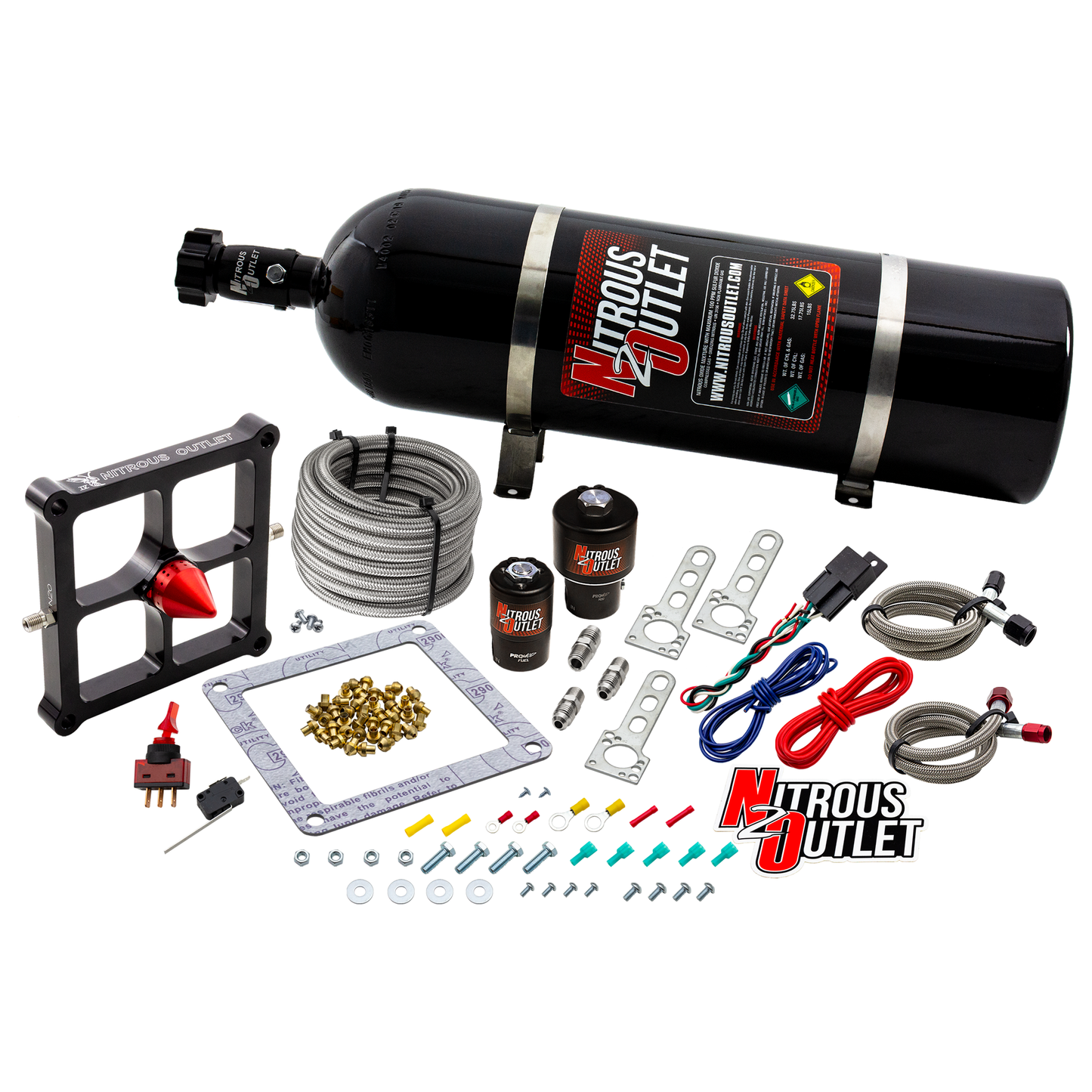 Nitrous Outlet 4500 Stinger 4 Race System - Braided Hoses/.178 Trashcan Nitrous Solenoid/.310 Fuel Solenoid/Universal Solenoid Brackets - (Gas/E85)(5-55 psi)(50-600 HP)(15lb Bottle)
