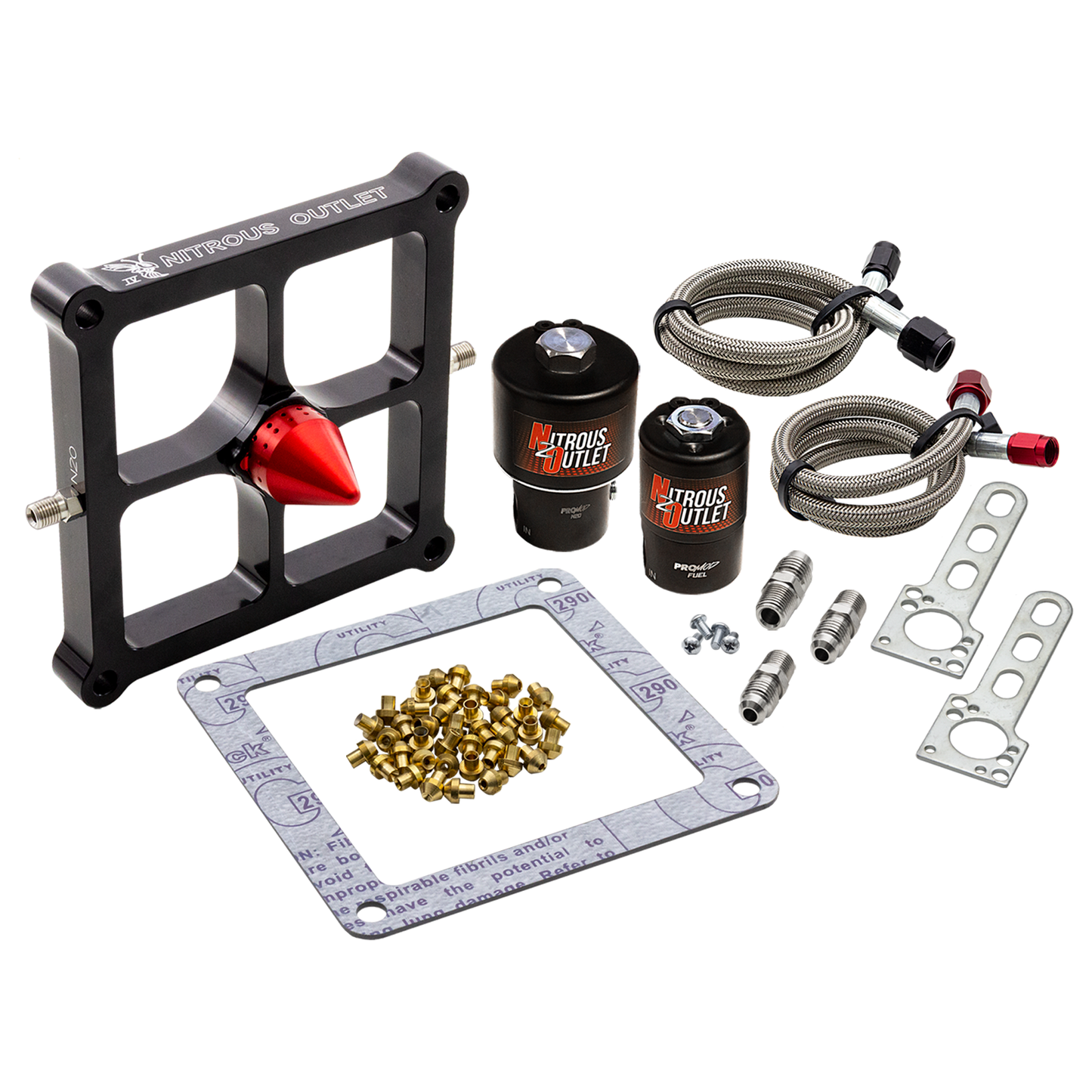 Nitrous Outlet 4500 Stinger 4 Race Solenoid Forward Conversion Kit - Braided Hoses/.178 Trashcan Nitrous Solenoid/.310 Fuel Solenoid/Universal Solenoid Brackets - (Gas/E85)(5-55 psi)(50-600 HP)